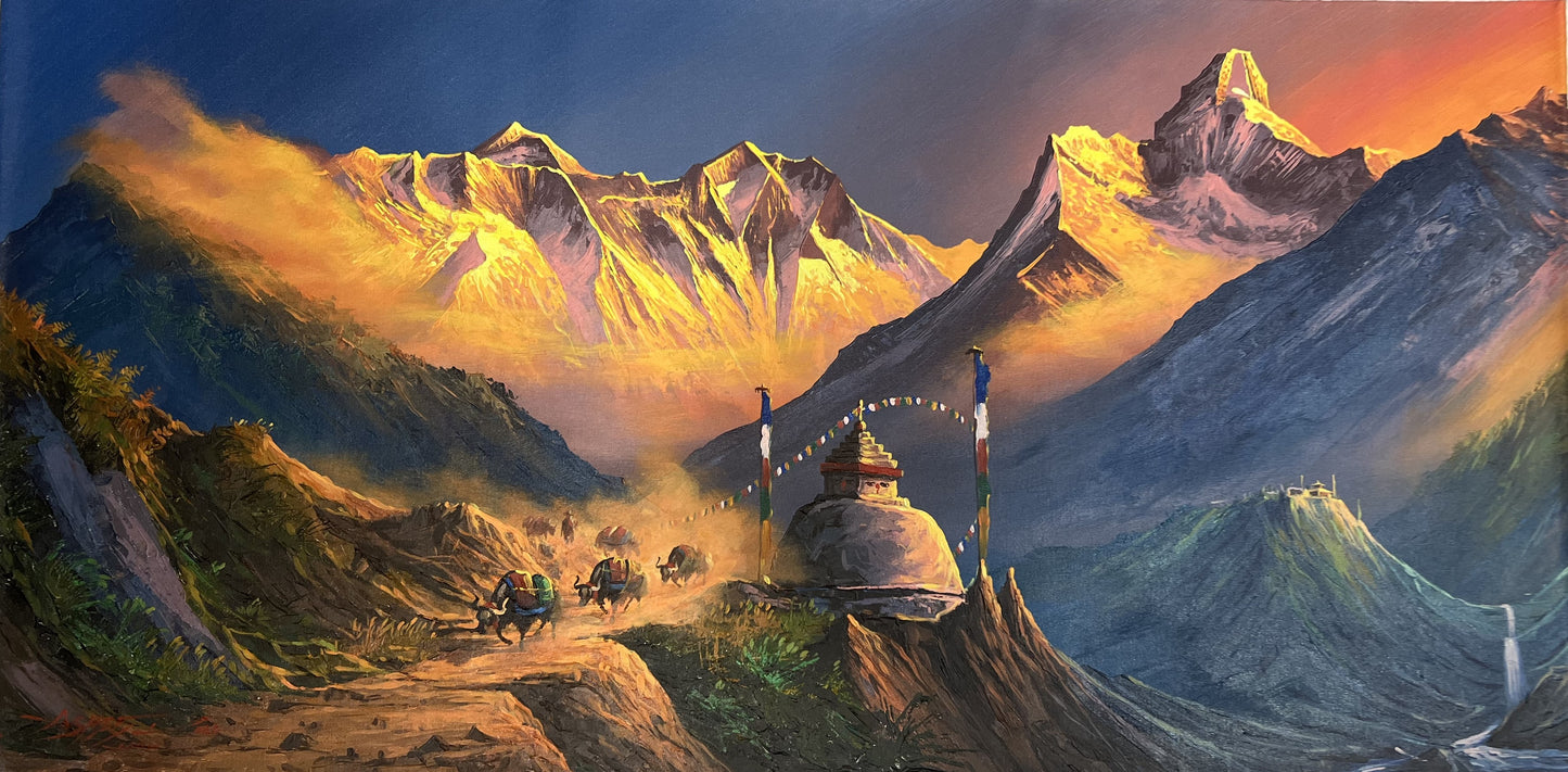 Mount Everest and Amadablam Nepal / Acrylic Landscape Painting On Canvas/ High Quality Palette Knife Painting Sunrise View