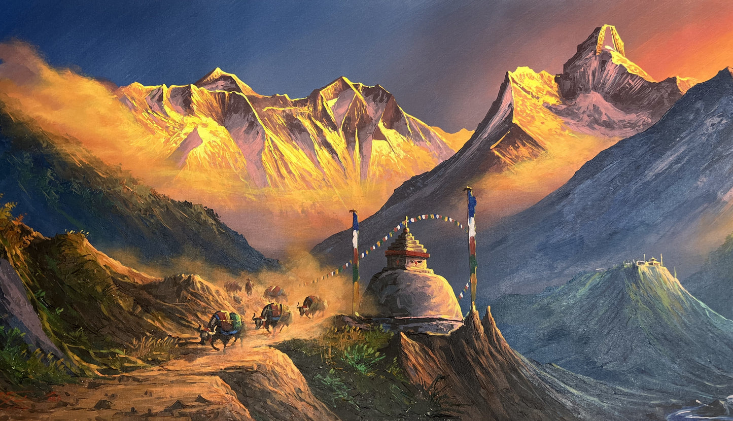 Mount Everest and Amadablam Nepal / Acrylic Landscape Painting On Canvas/ High Quality Palette Knife Painting Sunrise View