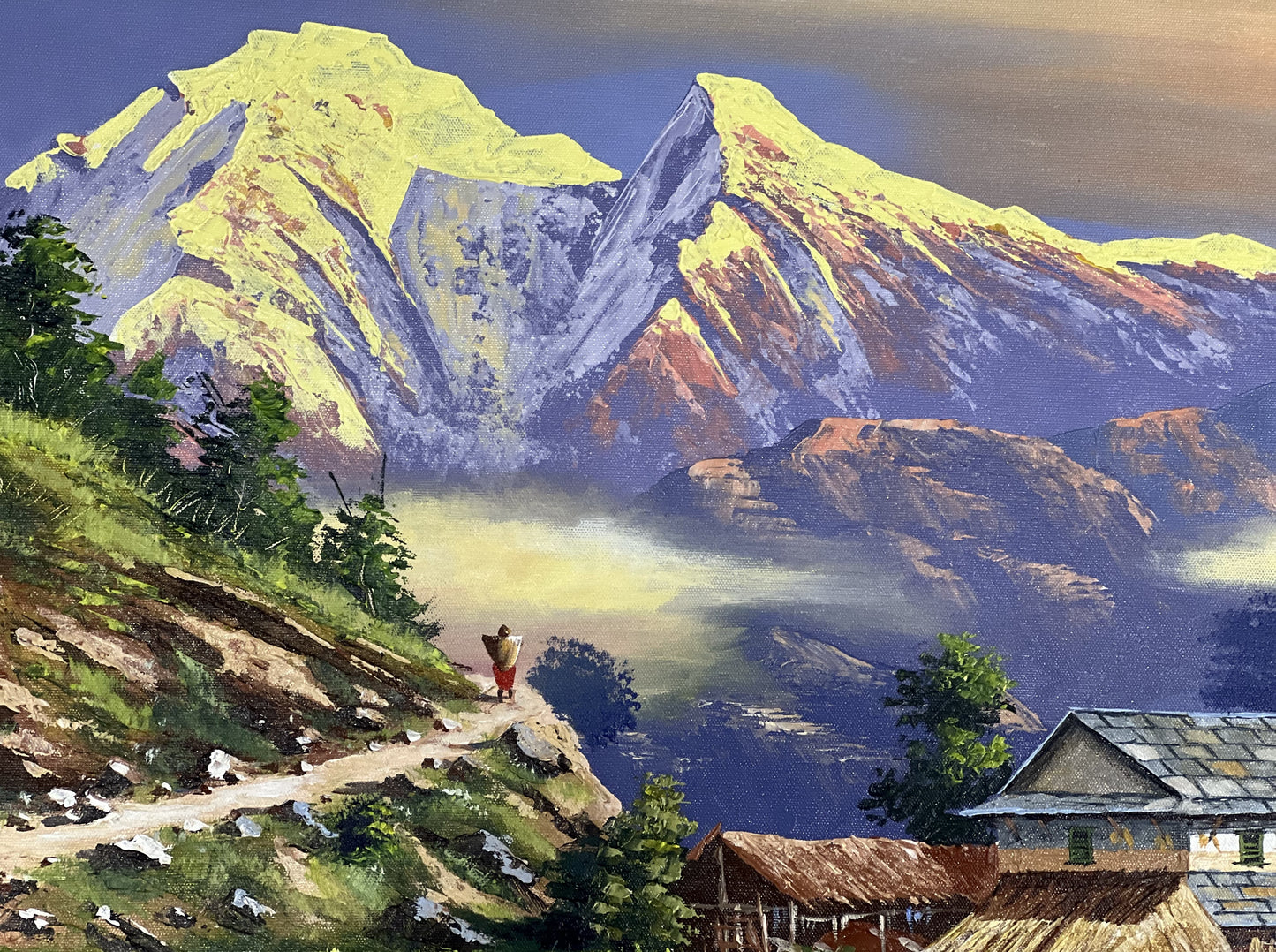 Mount Annapurna : A Majestic Vista from Dhampus Village / Acrylic Landscape Painting On Canvas/ High Quality Palette Knife Painting Sunrise View