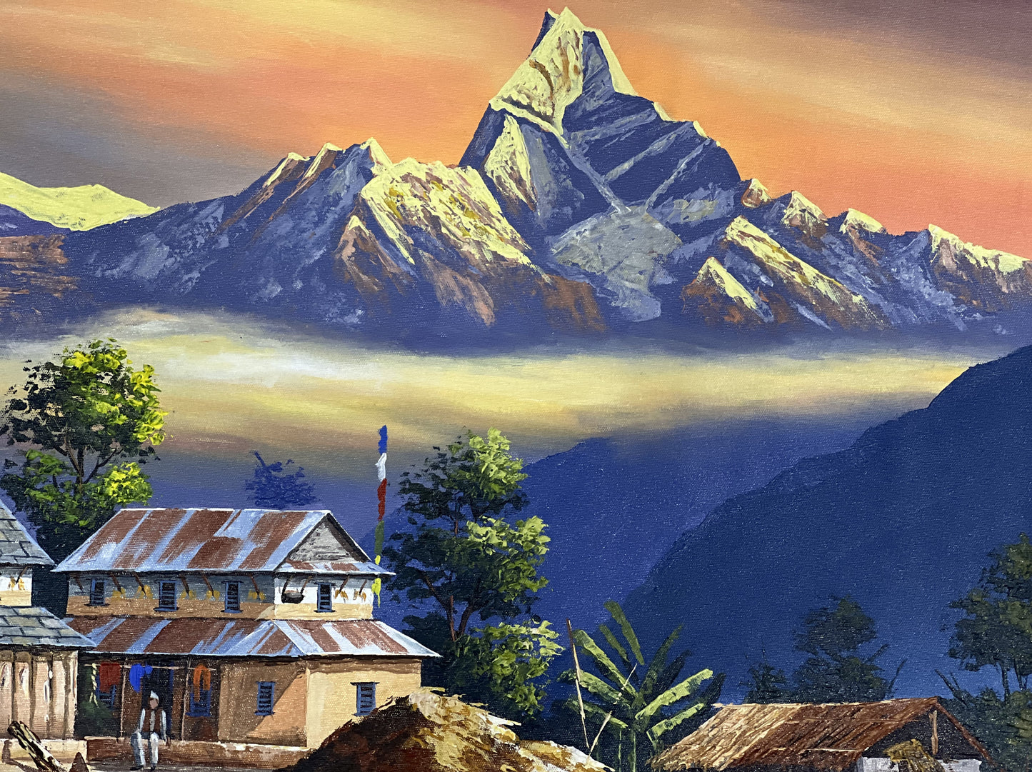 Mount Annapurna : A Majestic Vista from Dhampus Village / Acrylic Landscape Painting On Canvas/ High Quality Palette Knife Painting Sunrise View