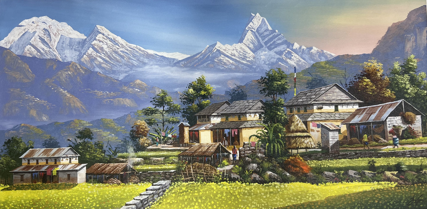 Mount Annapurna Nepal : A Majestic Vista from Dhampus Village / Acrylic Landscape Painting On Canvas/ High Quality Palette Knife Painting Sunrise View