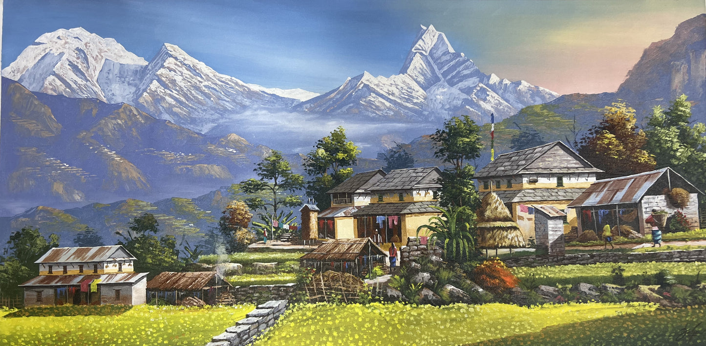 Mount Annapurna Nepal : A Majestic Vista from Dhampus Village / Acrylic Landscape Painting On Canvas/ High Quality Palette Knife Painting Sunrise View