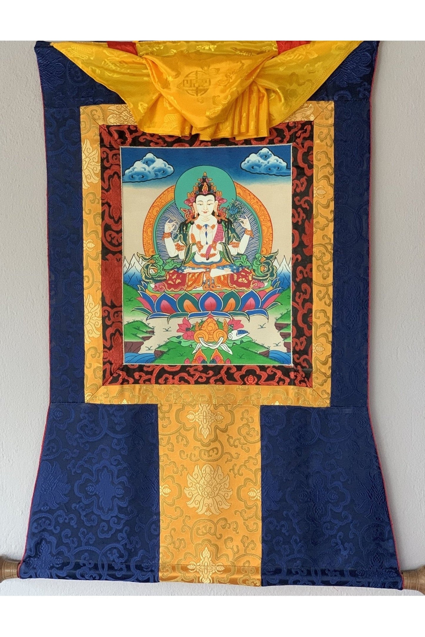 4 - Armed Avalokiteshvara, Lokeswor, Chyangresi, Chenrezig, Thangka Painting with Silk Brocade - Tibetan Thangka Art