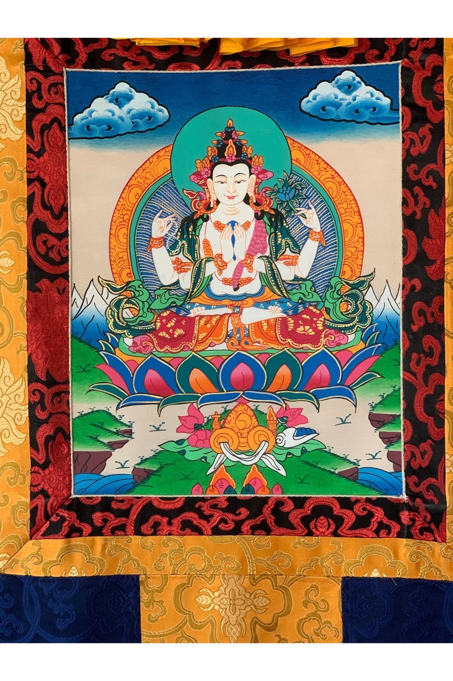 4 - Armed Avalokiteshvara, Lokeswor, Chyangresi, Chenrezig, Thangka Painting with Silk Brocade - Tibetan Thangka Art