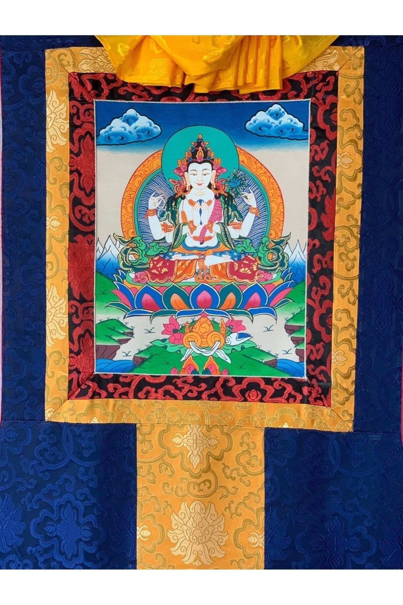 4 - Armed Avalokiteshvara, Lokeswor, Chyangresi, Chenrezig, Thangka Painting with Silk Brocade - Tibetan Thangka Art