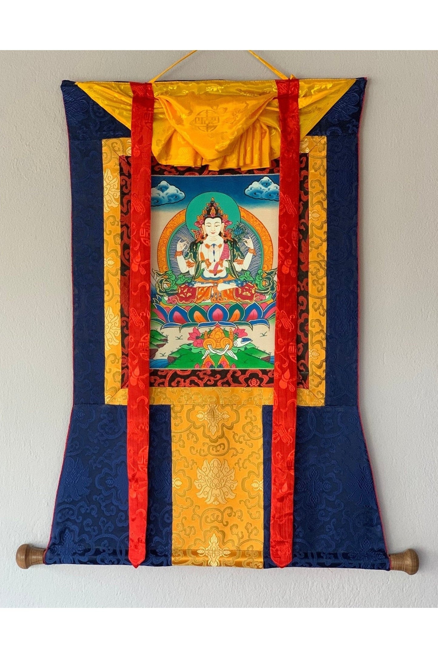 4 - Armed Avalokiteshvara, Lokeswor, Chyangresi, Chenrezig, Thangka Painting with Silk Brocade - Tibetan Thangka Art