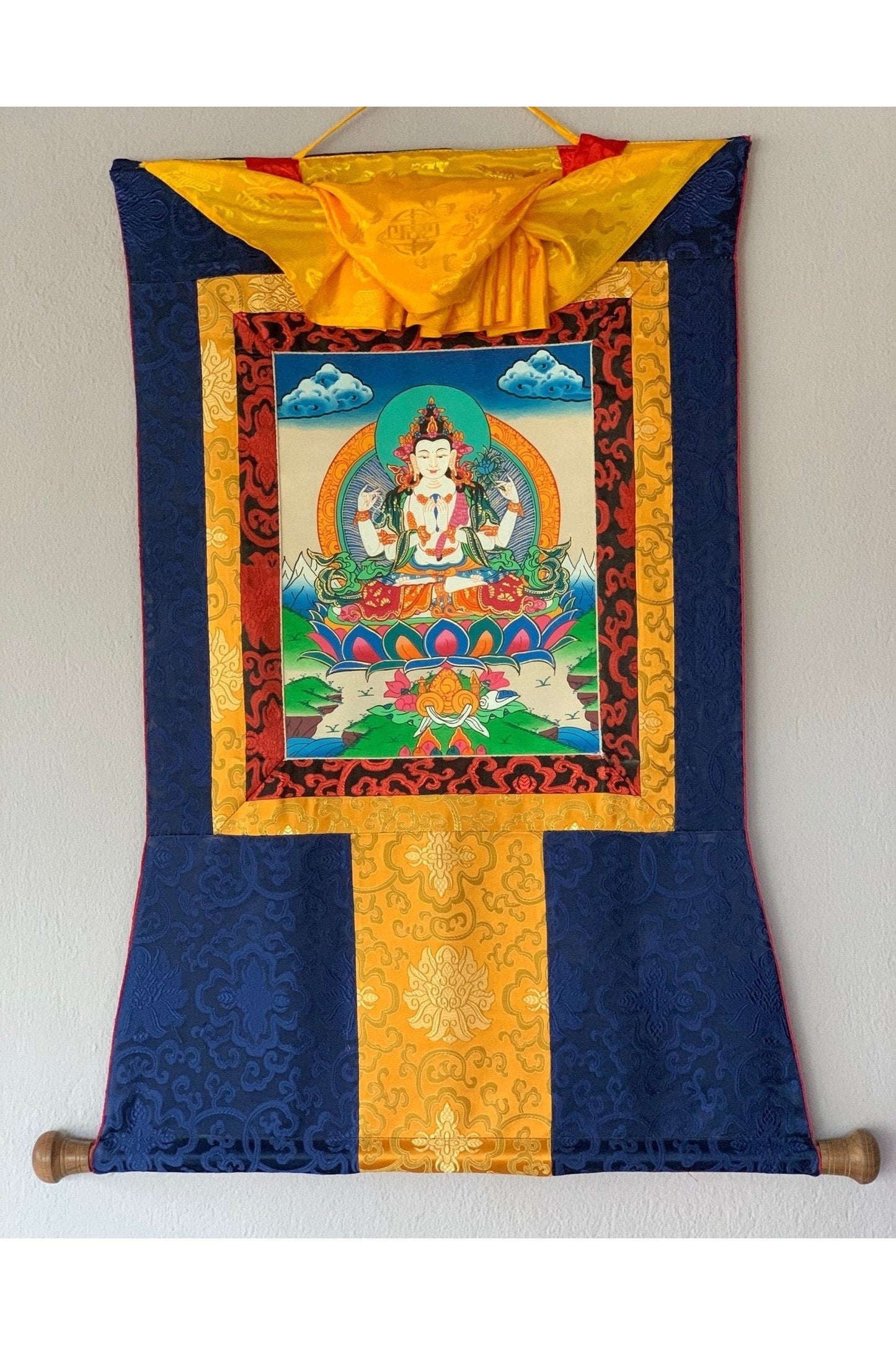 4 - Armed Avalokiteshvara, Lokeswor, Chyangresi, Chenrezig, Thangka Painting with Silk Brocade - Tibetan Thangka Art