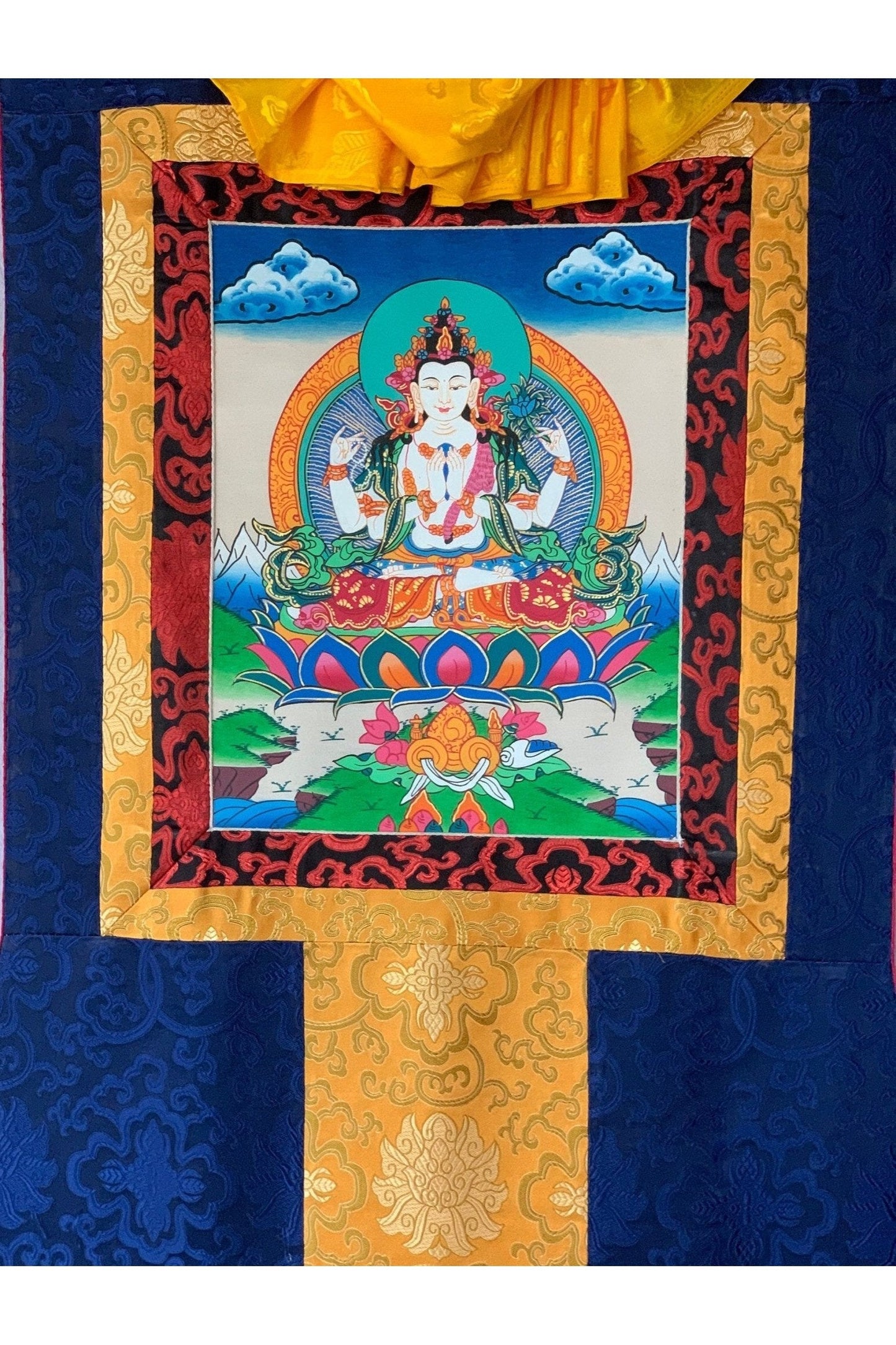 4 - Armed Avalokiteshvara, Lokeswor, Chyangresi, Chenrezig, Thangka Painting with Silk Brocade - Tibetan Thangka Art