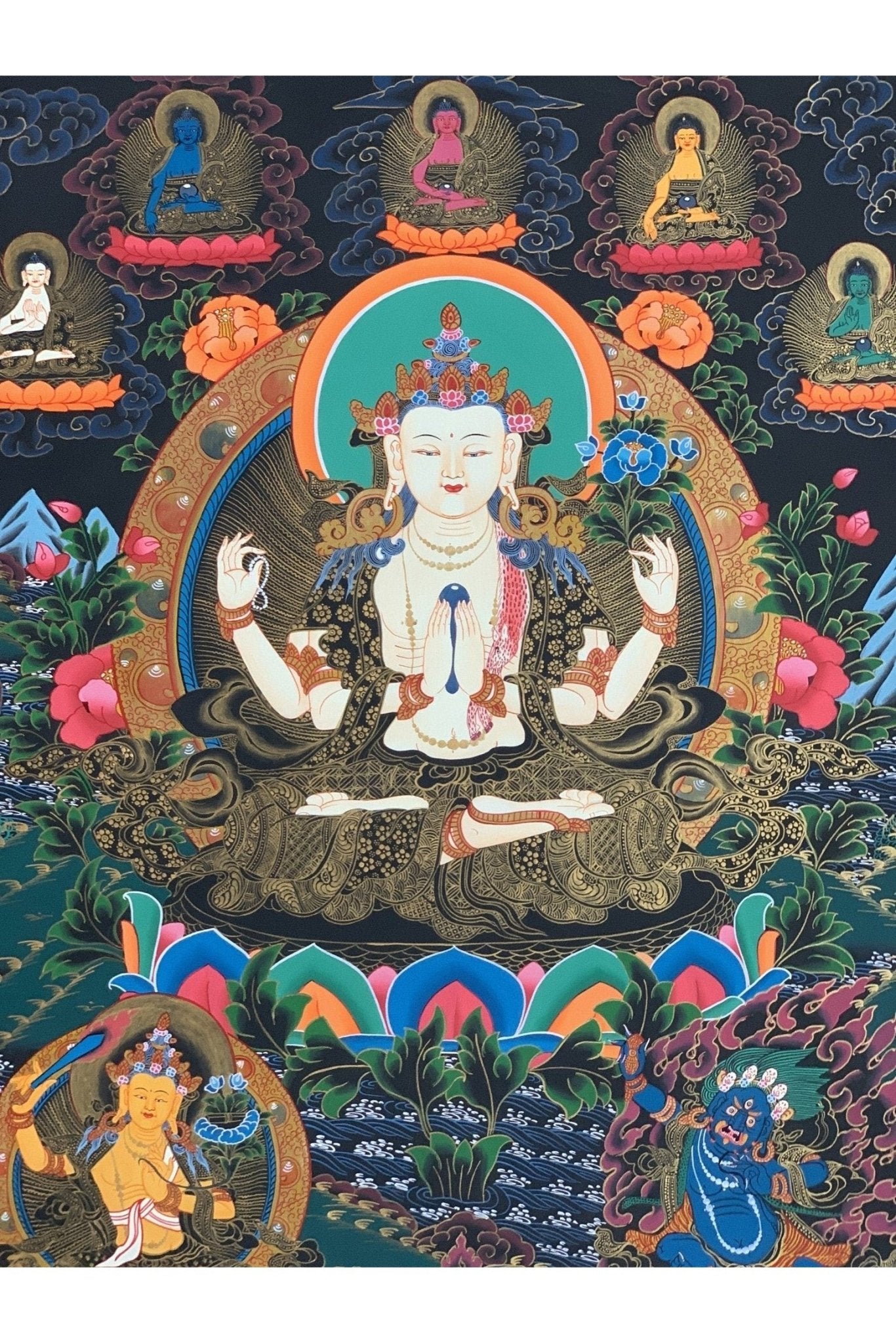 4 - Armed Chyangresi Chenrezig Avalokiteshvara Master Quality Original Tibetan Thangka Painting Compassion Meditation Art 21 x 27 Inch - Tibetan Thangka Art