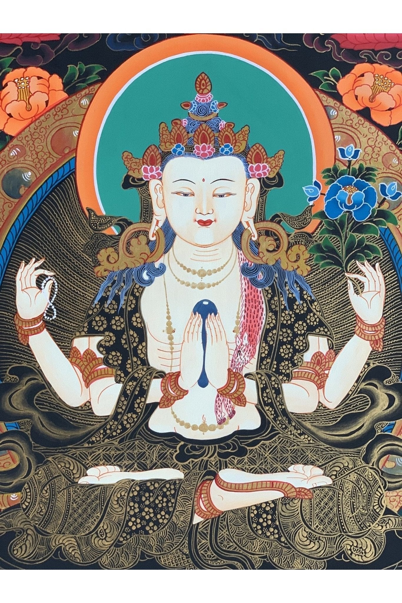 4 - Armed Chyangresi Chenrezig Avalokiteshvara Master Quality Original Tibetan Thangka Painting Compassion Meditation Art 21 x 27 Inch - Tibetan Thangka Art