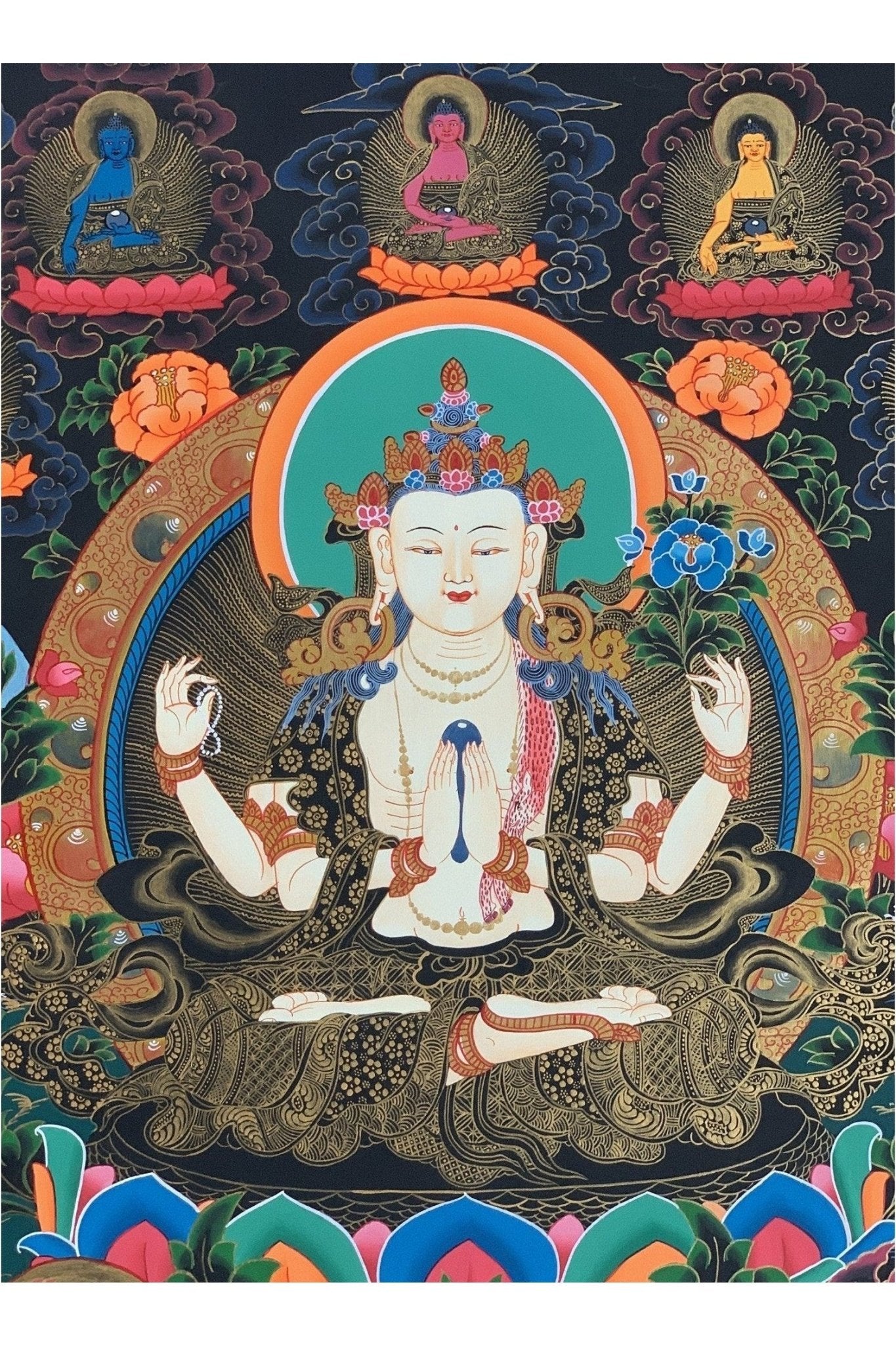 4 - Armed Chyangresi Chenrezig Avalokiteshvara Master Quality Original Tibetan Thangka Painting Compassion Meditation Art 21 x 27 Inch - Tibetan Thangka Art