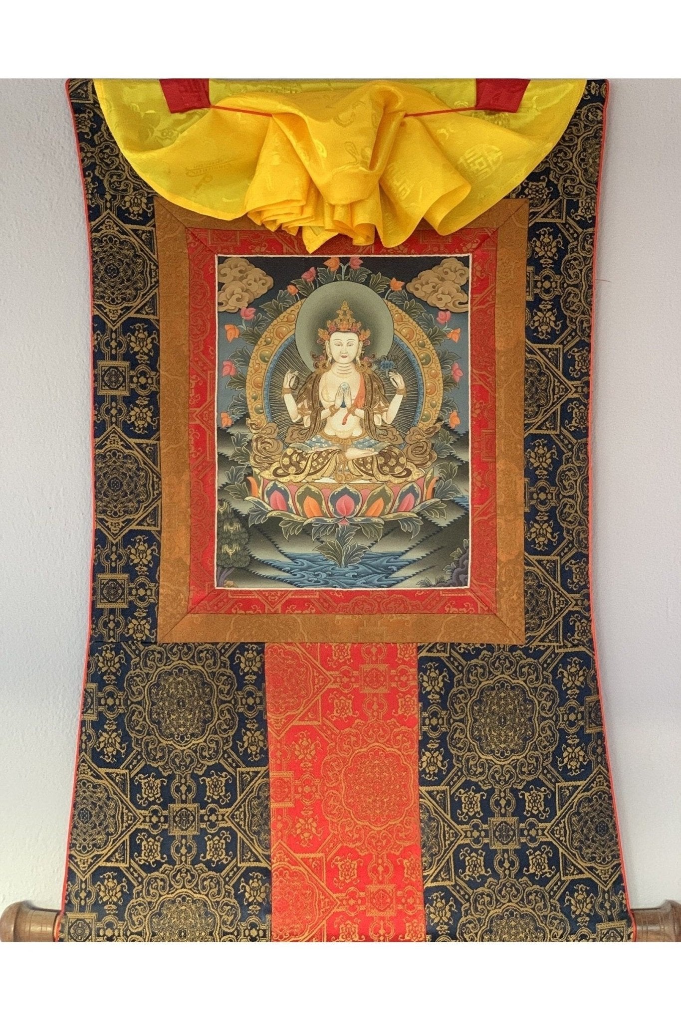 4 Armed Chyangresi, Chenrezig, Avalokiteshvara, Rare, Masterpiece Original Hand Painted Tibetan Thangka Painting with Premium Silk Border - Tibetan Thangka Art