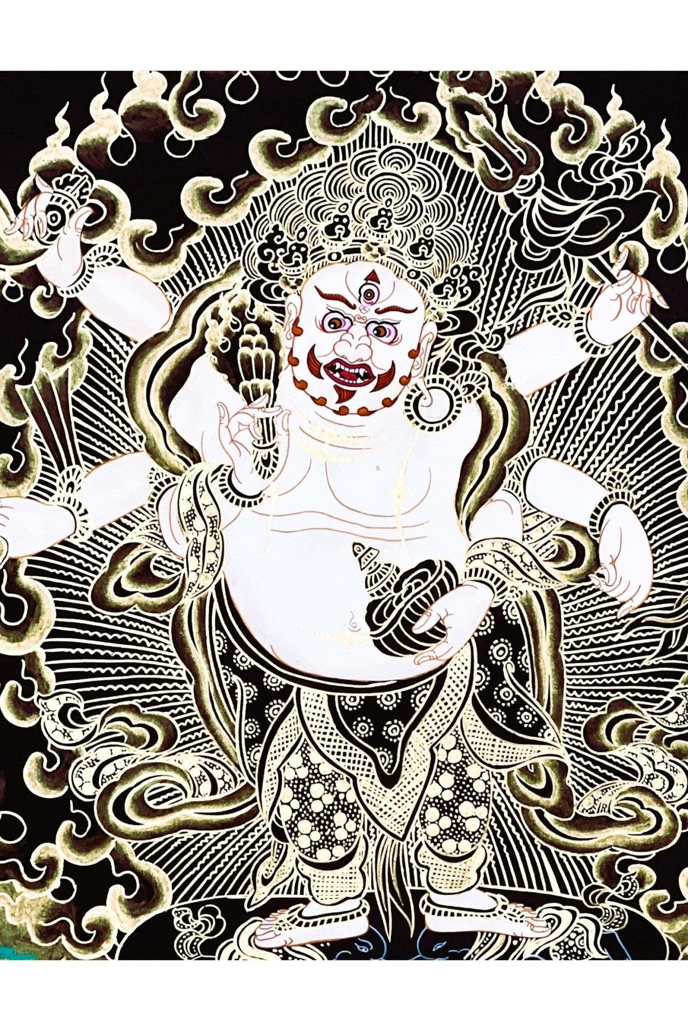 6 - Armed White Mahakala,/Mahankala/ Kalabhairava, Master Quality Black and Gold Tibetan Thangka Painting/ Original Hand - Painting - Tibetan Thangka Art