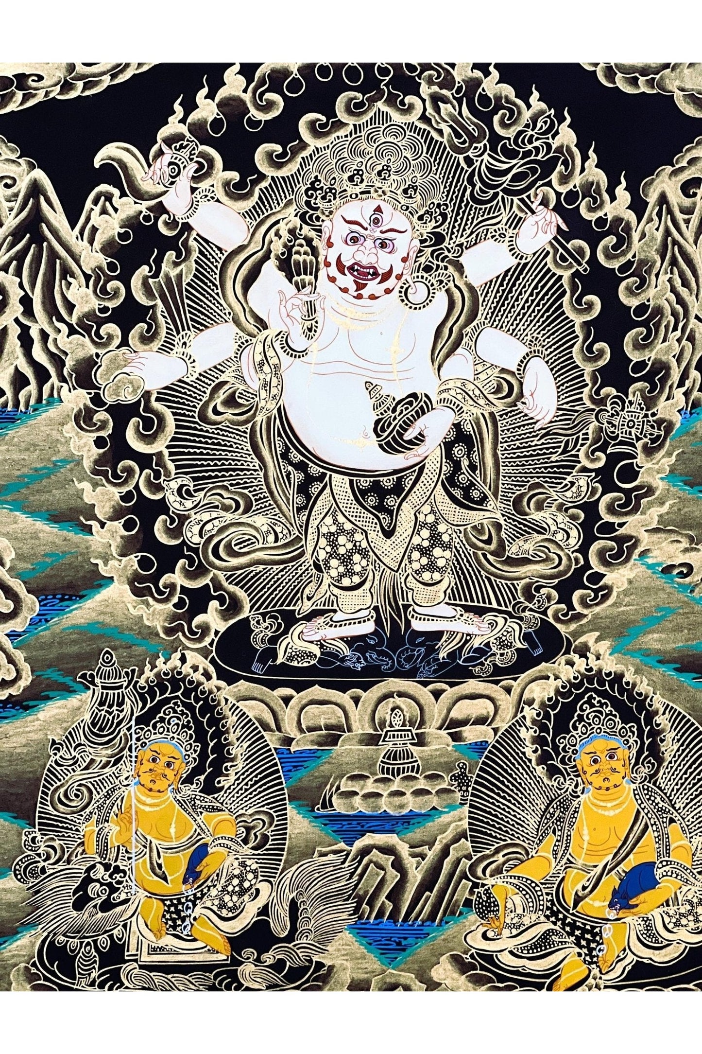6 - Armed White Mahakala,/Mahankala/ Kalabhairava, Master Quality Black and Gold Tibetan Thangka Painting/ Original Hand - Painting - Tibetan Thangka Art
