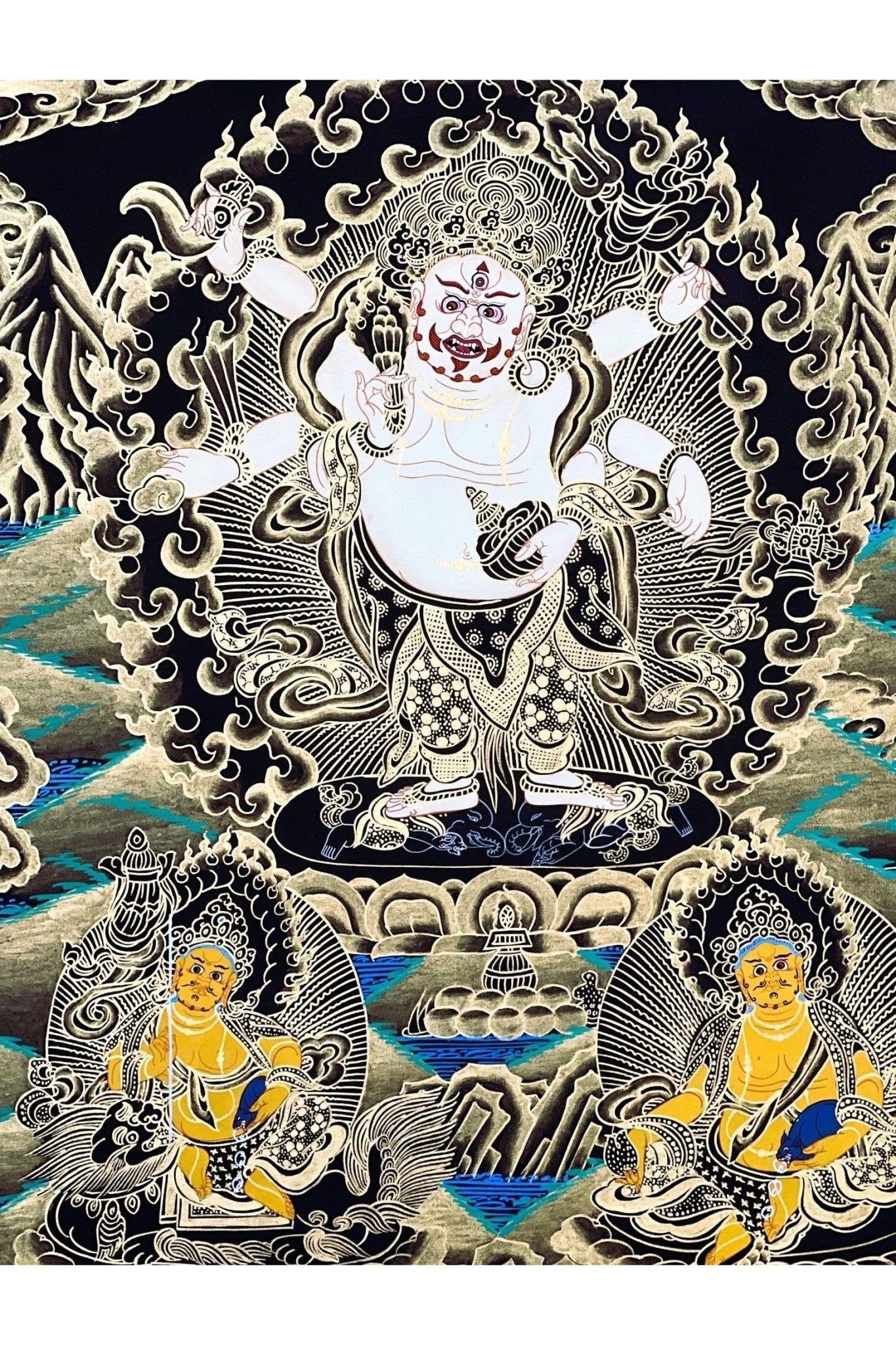 6 - Armed White Mahakala,/Mahankala/ Kalabhairava, Master Quality Black and Gold Tibetan Thangka Painting/ Original Hand - Painting - Tibetan Thangka Art