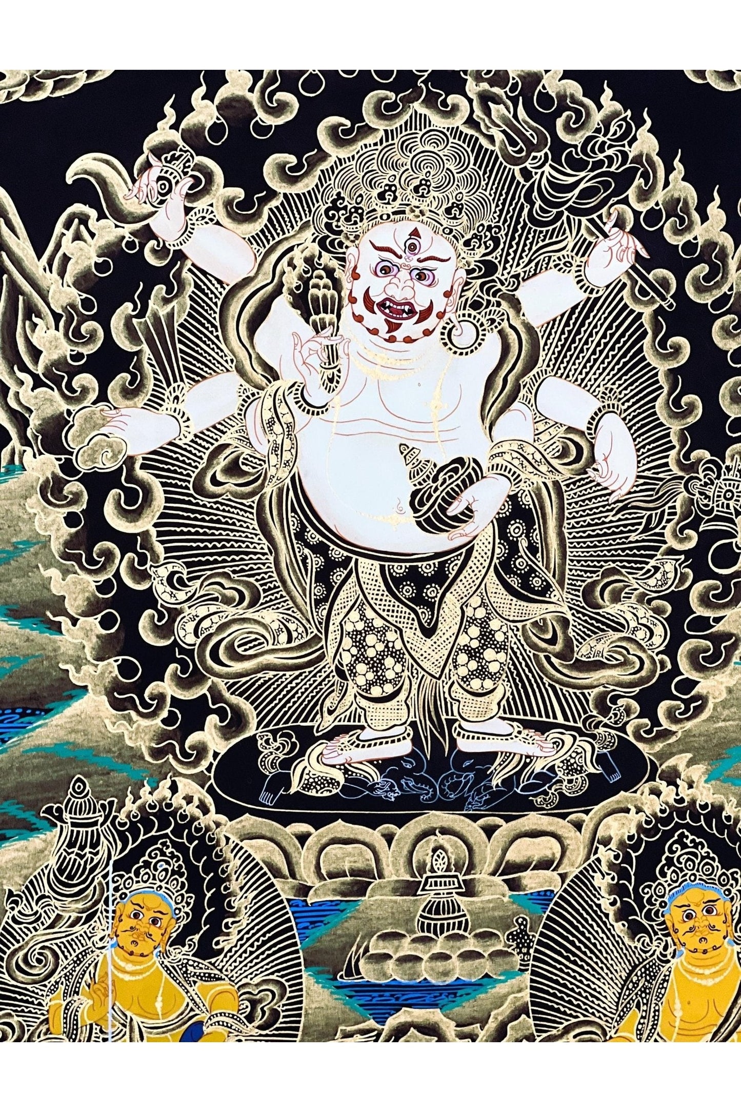6 - Armed White Mahakala,/Mahankala/ Kalabhairava, Master Quality Black and Gold Tibetan Thangka Painting/ Original Hand - Painting - Tibetan Thangka Art
