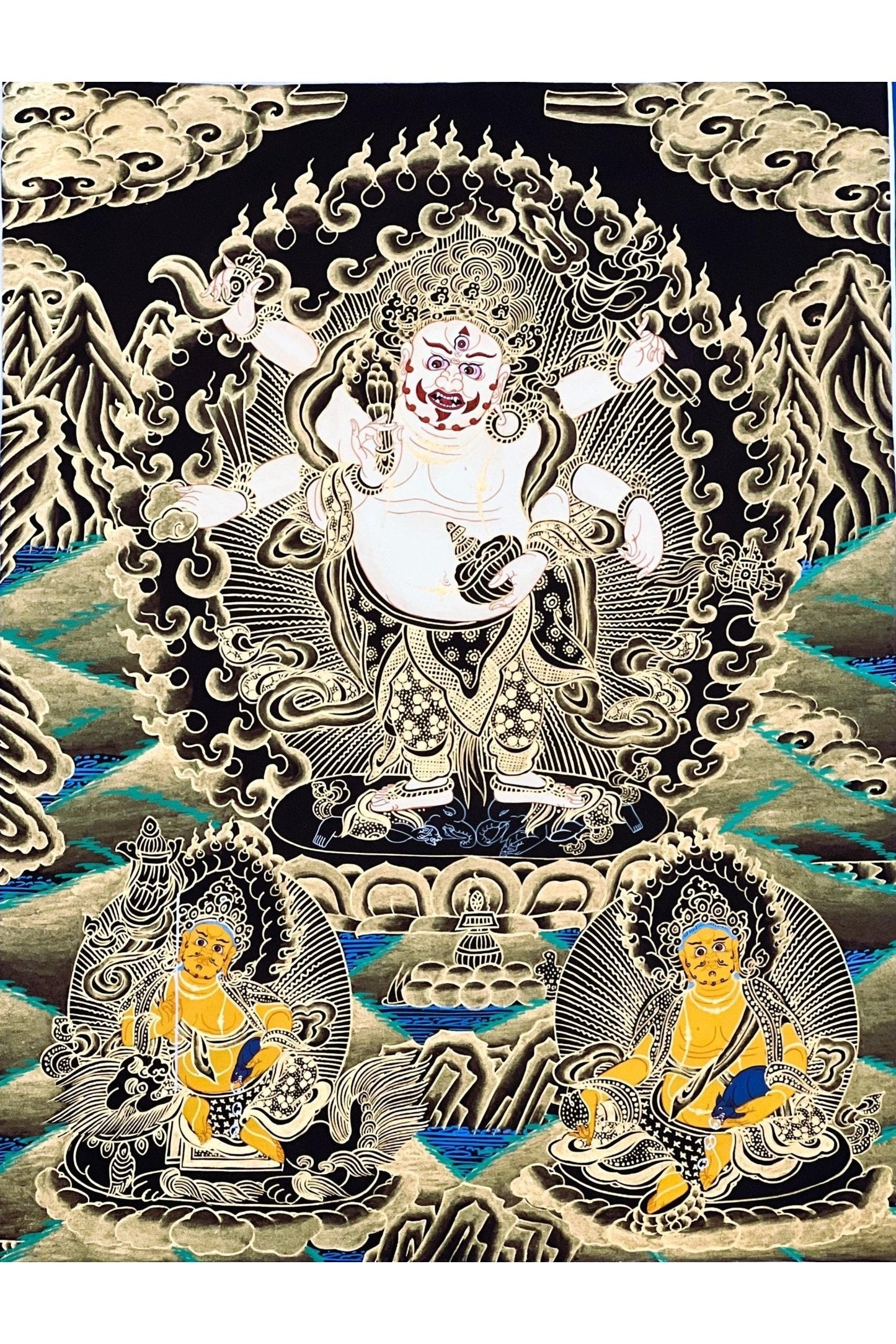 6 - Armed White Mahakala,/Mahankala/ Kalabhairava, Master Quality Black and Gold Tibetan Thangka Painting/ Original Hand - Painting - Tibetan Thangka Art