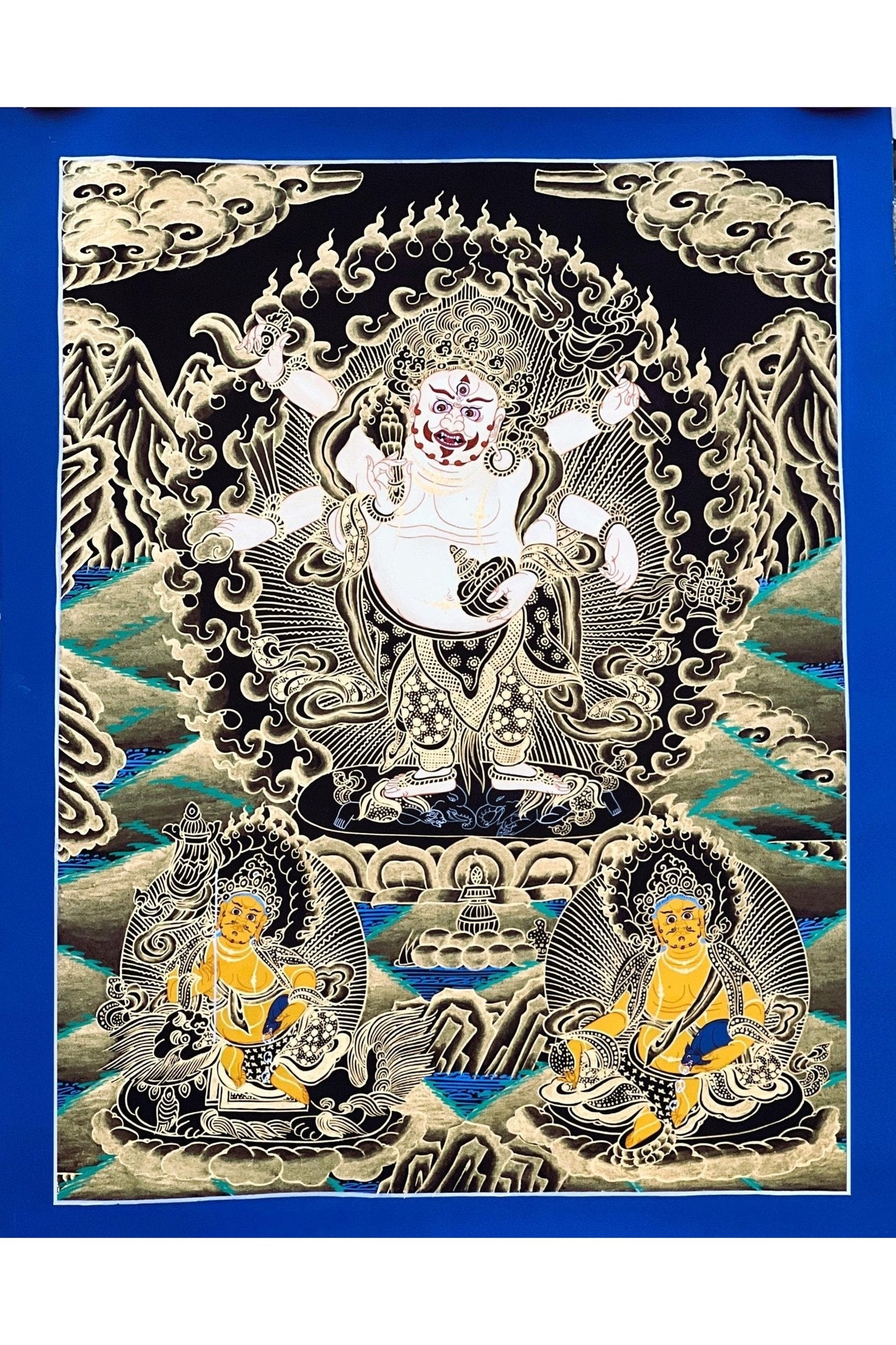 6 - Armed White Mahakala,/Mahankala/ Kalabhairava, Master Quality Black and Gold Tibetan Thangka Painting/ Original Hand - Painting - Tibetan Thangka Art