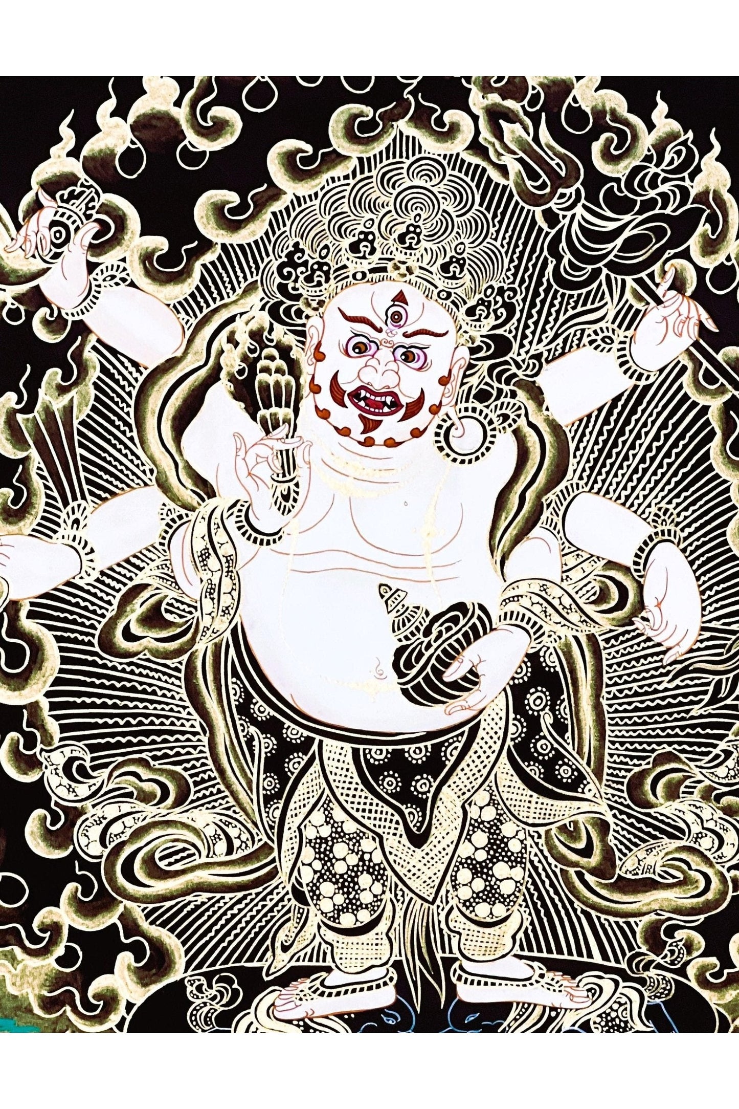 6 - Armed White Mahakala,/Mahankala/ Kalabhairava, Master Quality Black and Gold Tibetan Thangka Painting/ Original Hand - Painting - Tibetan Thangka Art