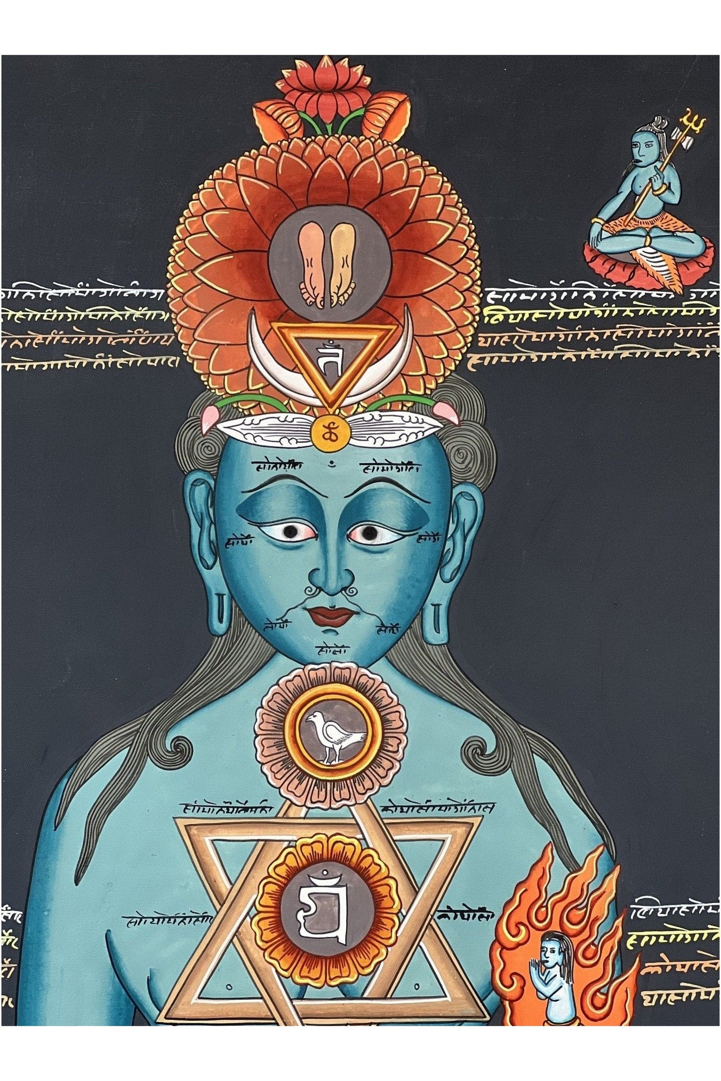 7 Body Chakras/ Yogic Chakra/ Kundalini Energy/ Kundalini Healing Masterpiece Tibetan Thangka Painting Original Art with Silk Brocade - Tibetan Thangka Art