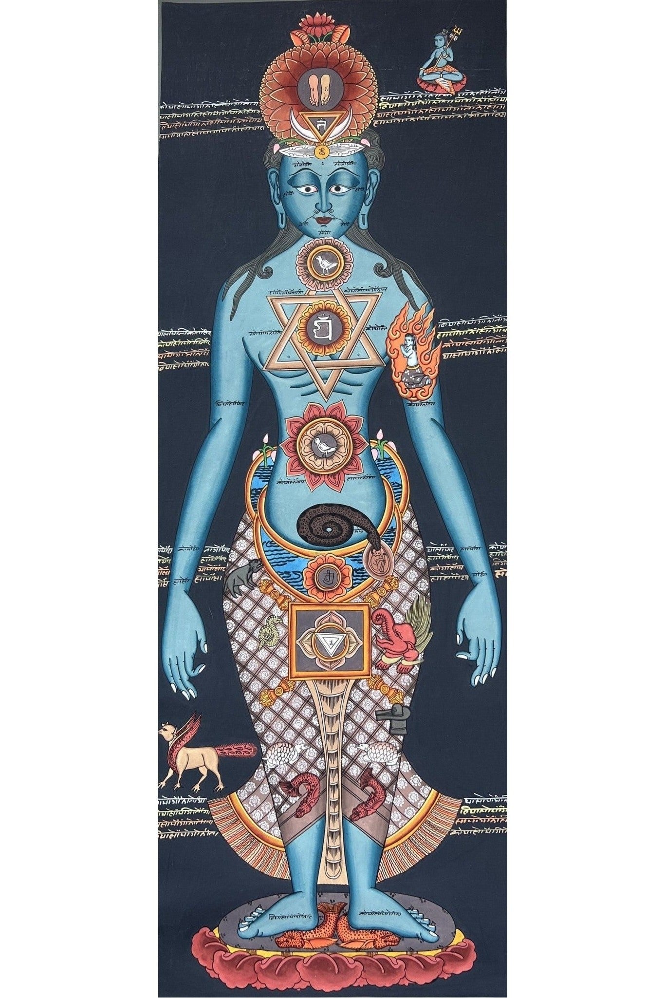 7 Body Chakras/ Yogic Chakra/ Kundalini Energy/ Kundalini Healing Masterpiece Tibetan Thangka Painting Original Art with Silk Brocade - Tibetan Thangka Art
