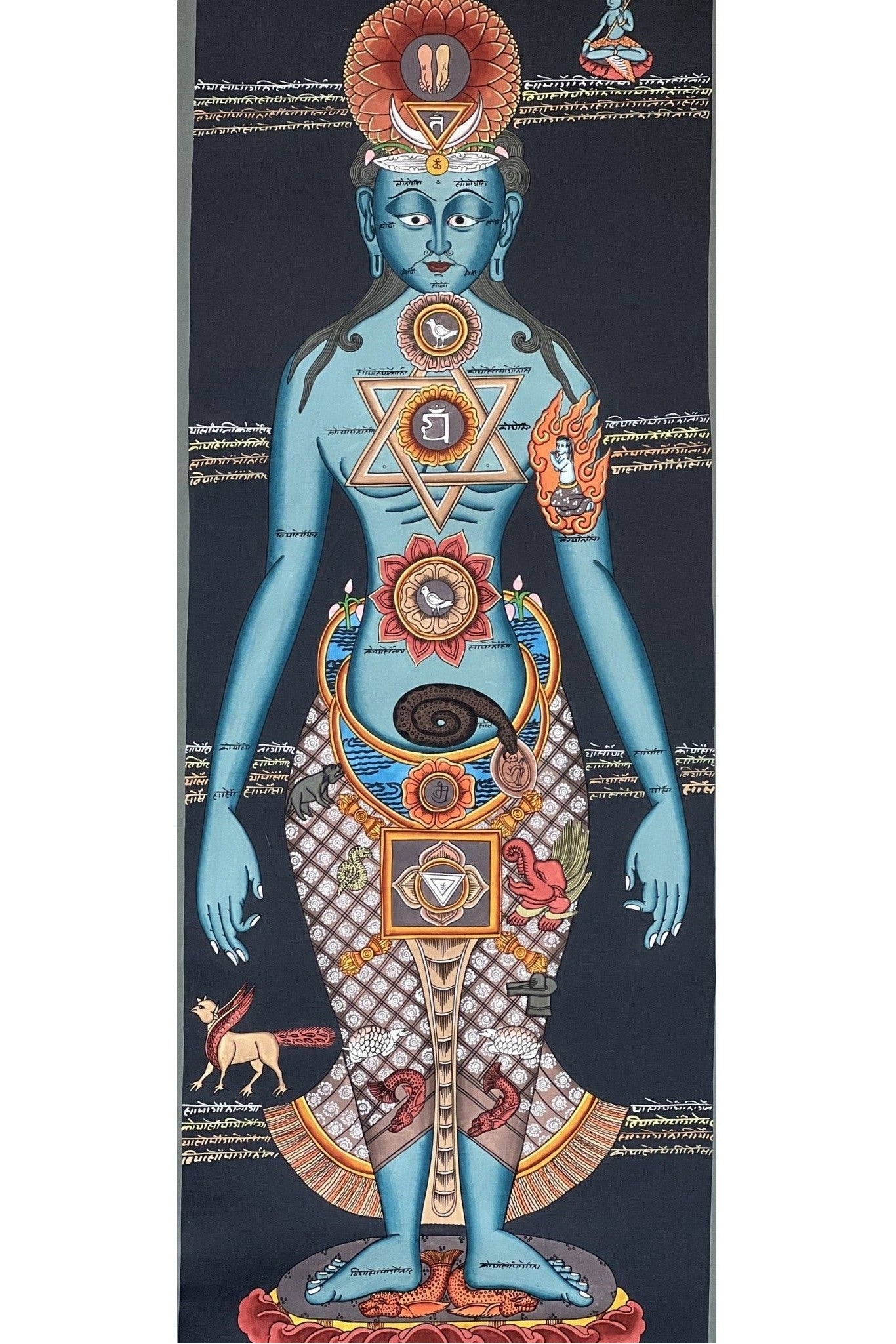 7 Body Chakras/ Yogic Chakra/ Kundalini Energy/ Kundalini Healing Masterpiece Tibetan Thangka Painting Original Art with Silk Brocade - Tibetan Thangka Art