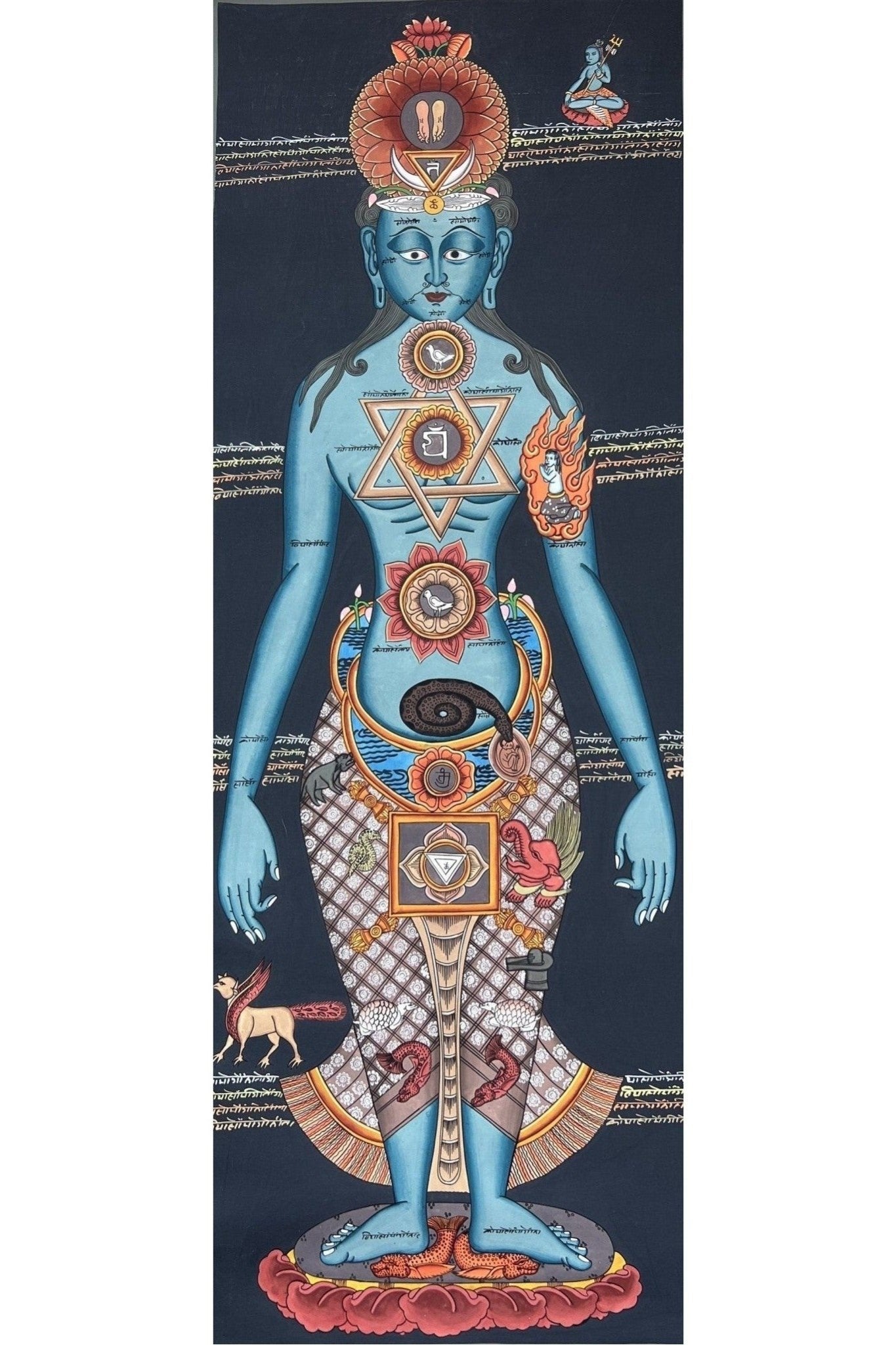 7 Body Chakras/ Yogic Chakra/ Kundalini Energy/ Kundalini Healing Masterpiece Tibetan Thangka Painting Original Art with Silk Brocade - Tibetan Thangka Art