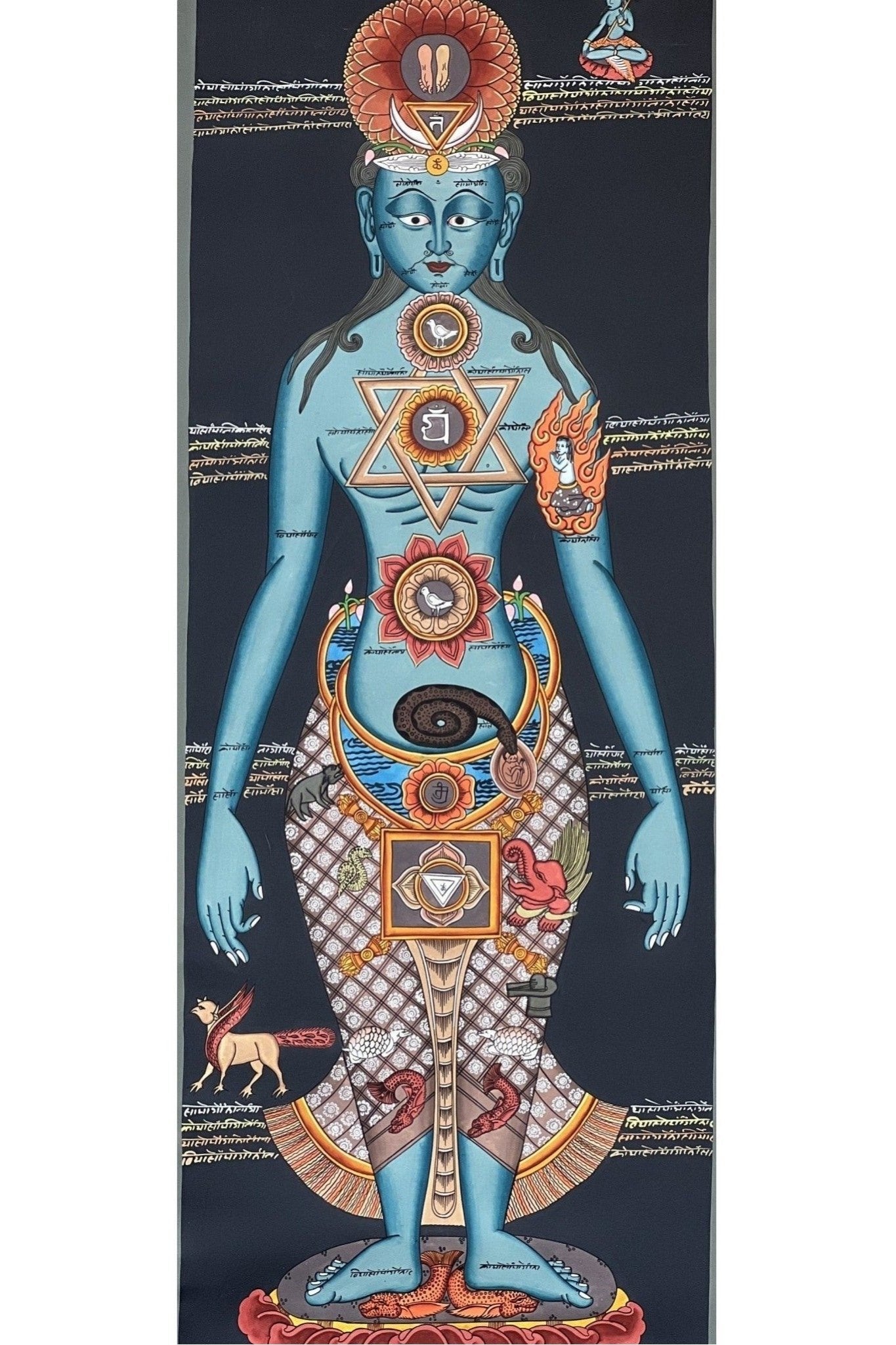 7 Body Chakras/ Yogic Chakra/ Kundalini Energy/ Kundalini Healing Masterpiece Tibetan Thangka Painting Original Art with Silk Brocade - Tibetan Thangka Art