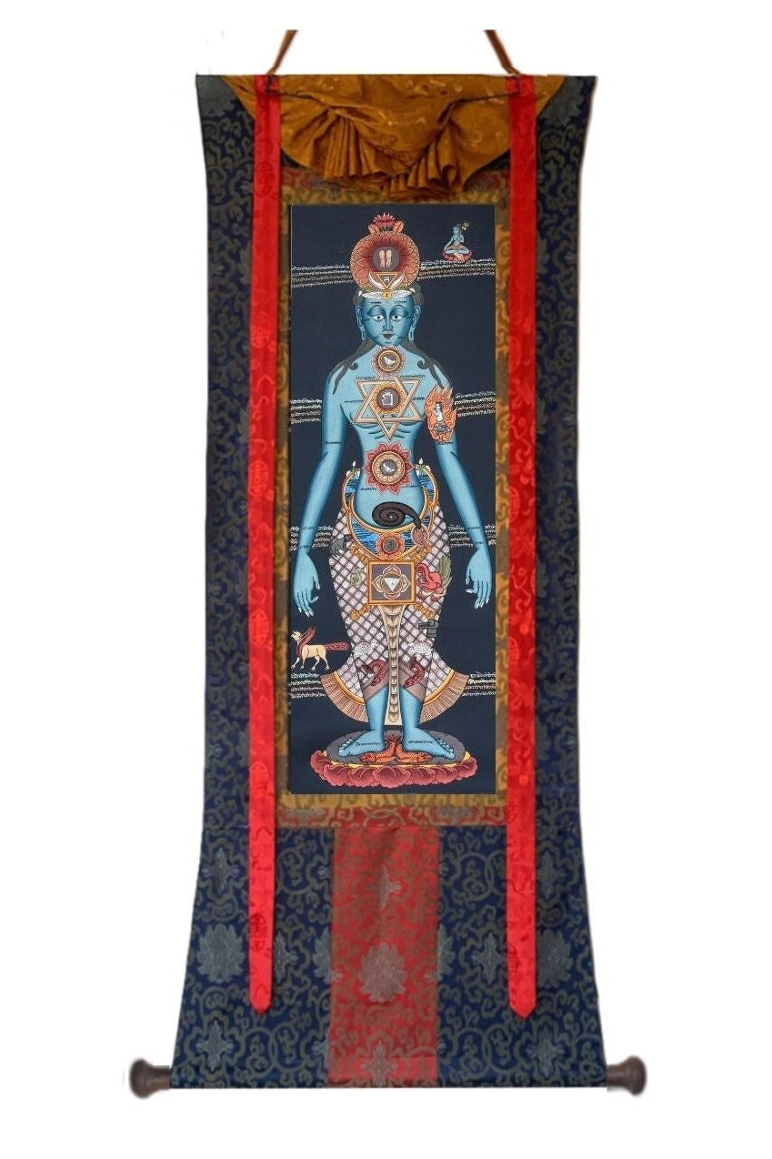 7 Body Chakras/ Yogic Chakra/ Kundalini Energy/ Kundalini Healing Masterpiece Tibetan Thangka Painting Original Art with Silk Brocade - Tibetan Thangka Art