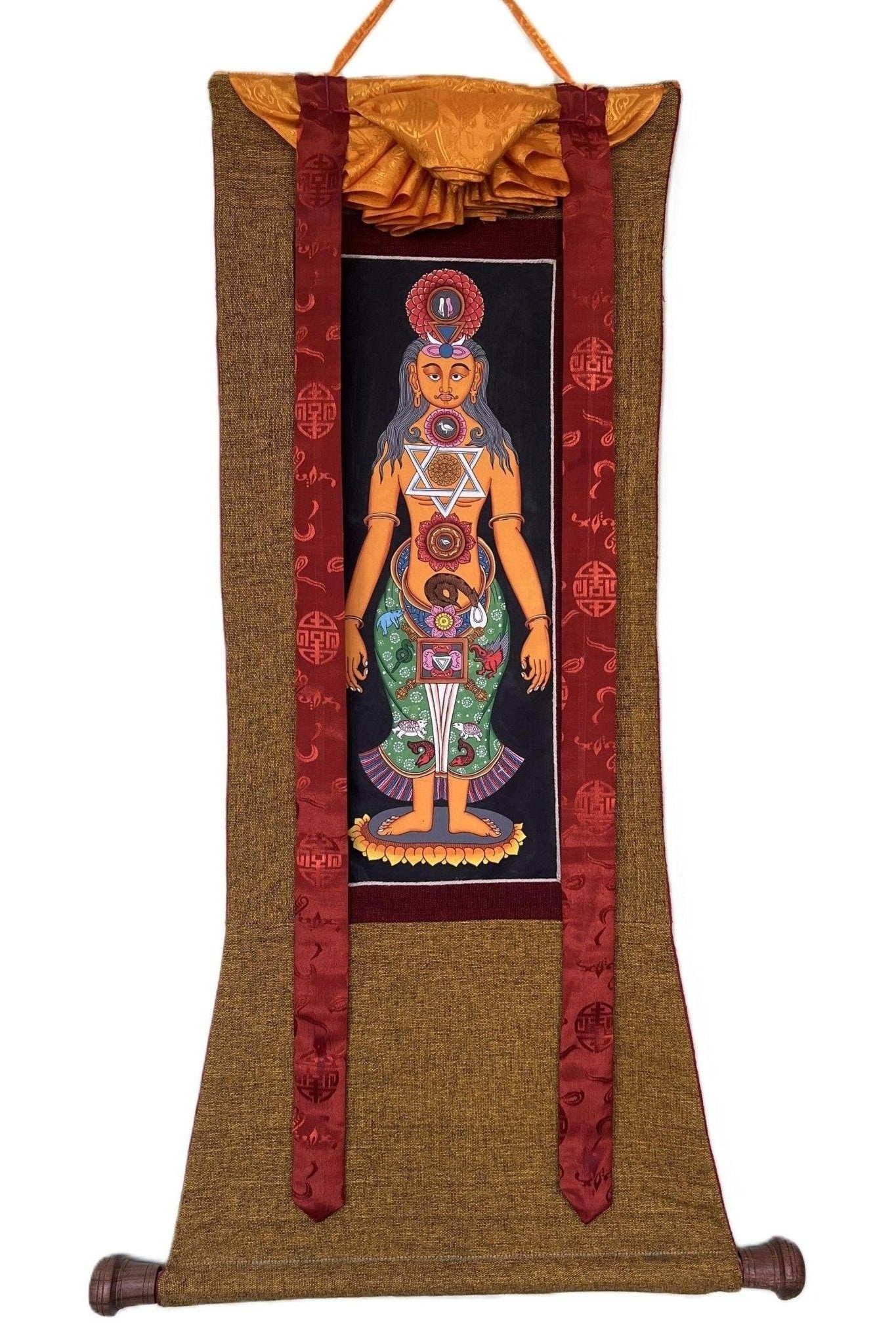 7 Chakra/ Kundalini Energy/ Kundalini Yoga/ Thangka Painting/ Yogic Chakra/ Original Hand - painted Art with Cotton Brocade - Tibetan Thangka Art