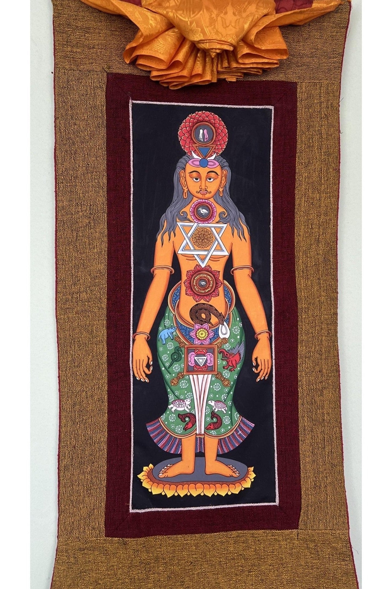 7 Chakra/ Kundalini Energy/ Kundalini Yoga/ Thangka Painting/ Yogic Chakra/ Original Hand - painted Art with Cotton Brocade - Tibetan Thangka Art