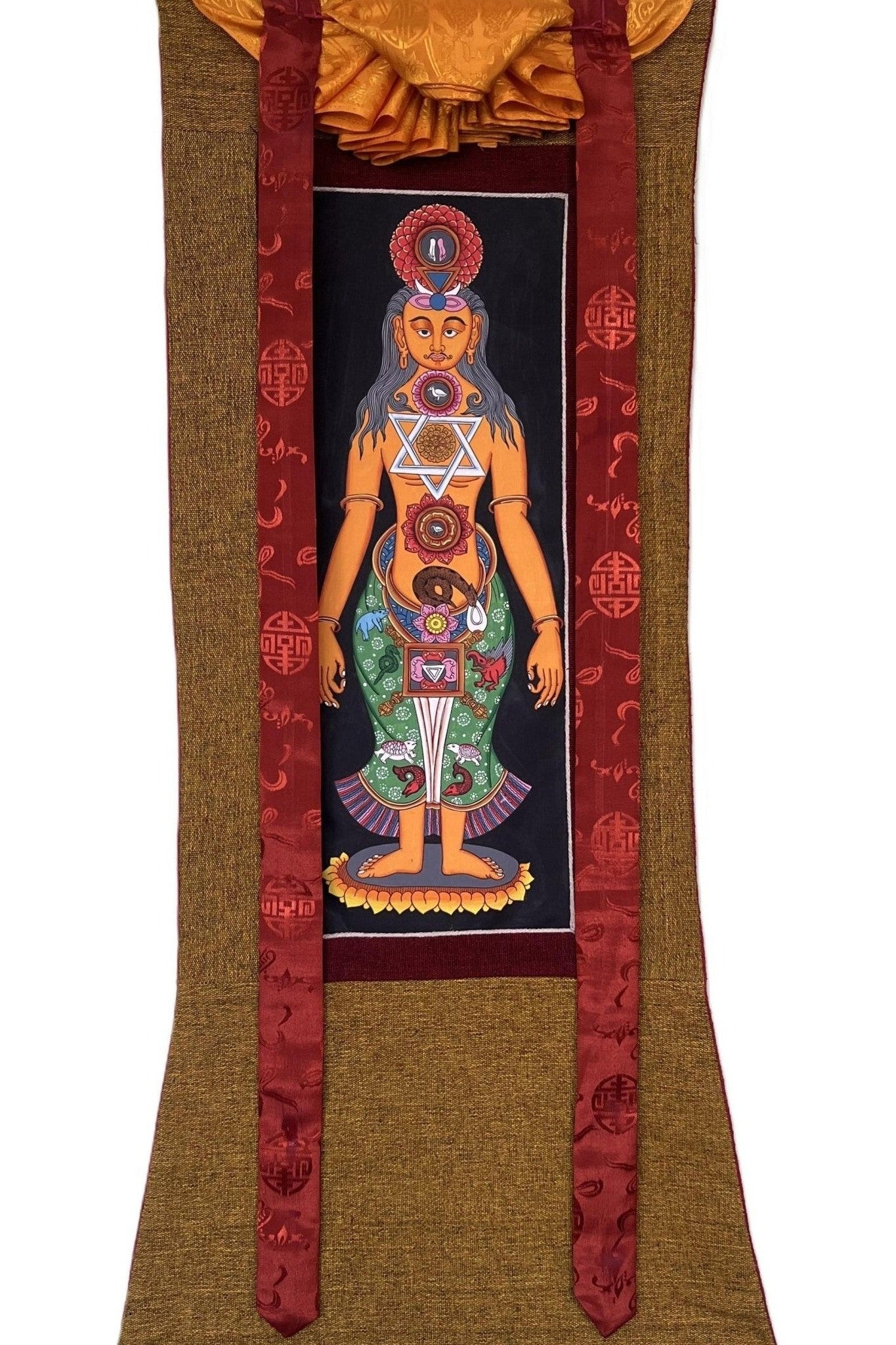 7 Chakra/ Kundalini Energy/ Kundalini Yoga/ Thangka Painting/ Yogic Chakra/ Original Hand - painted Art with Cotton Brocade - Tibetan Thangka Art