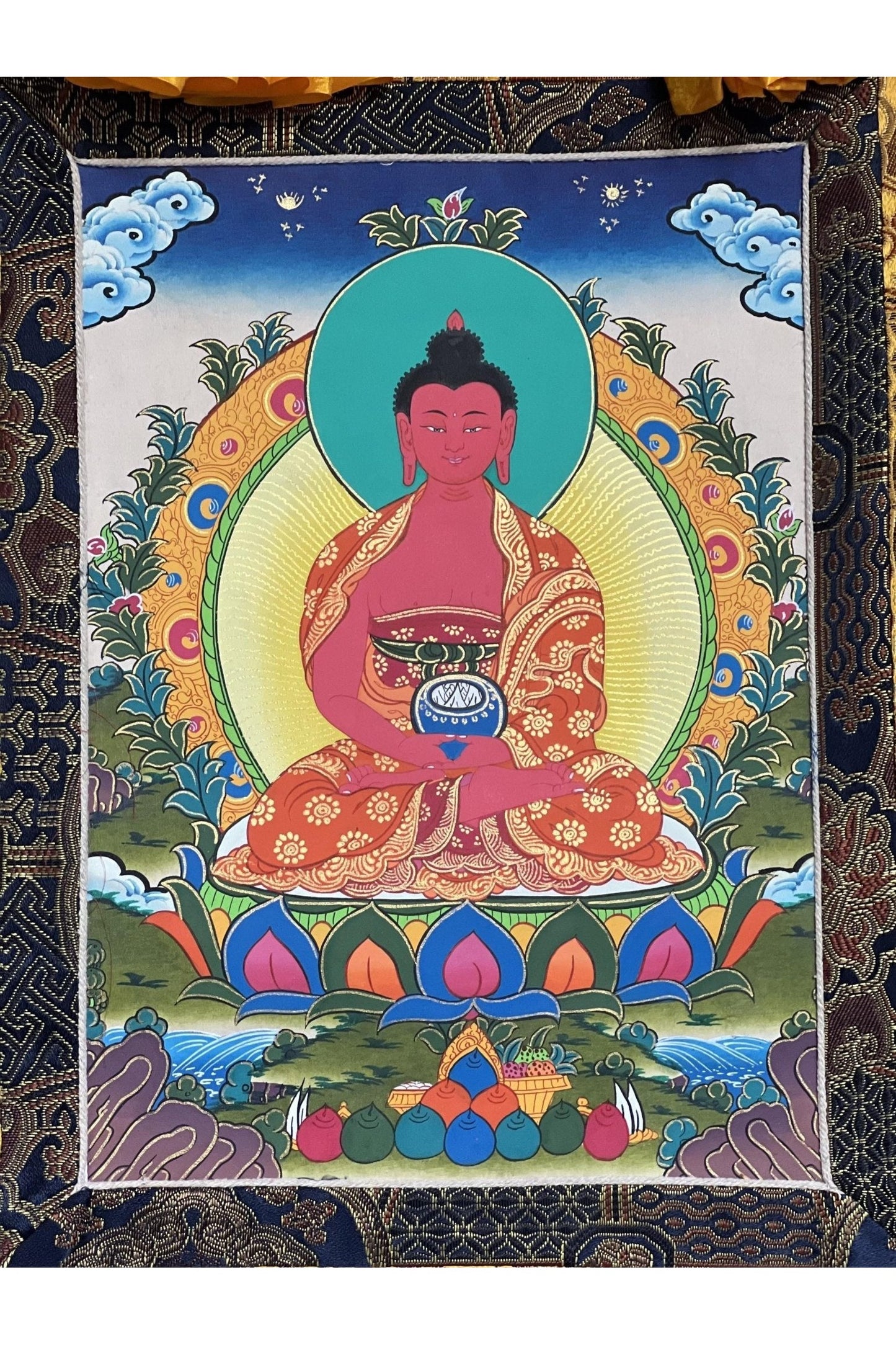 Amitabha Buddha/ Pure Land (Sukhavati) Original Masterpiece Thanka / Tibetan Thangka Painting / Hand Painting / Buddhist Art from Nepal - Tibetan Thangka Art