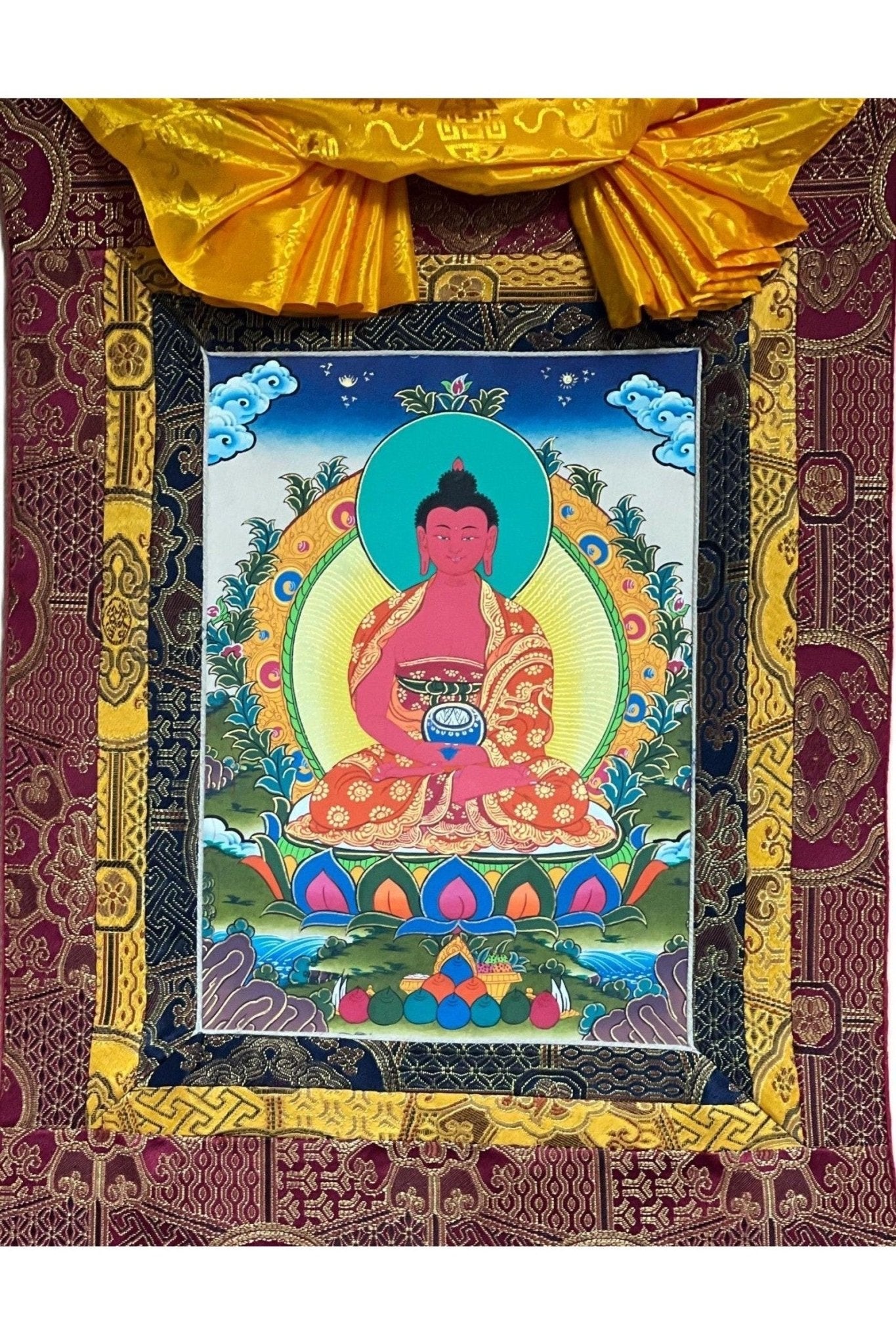 Amitabha Buddha/ Pure Land (Sukhavati) Original Masterpiece Thanka / Tibetan Thangka Painting / Hand Painting / Buddhist Art from Nepal - Tibetan Thangka Art