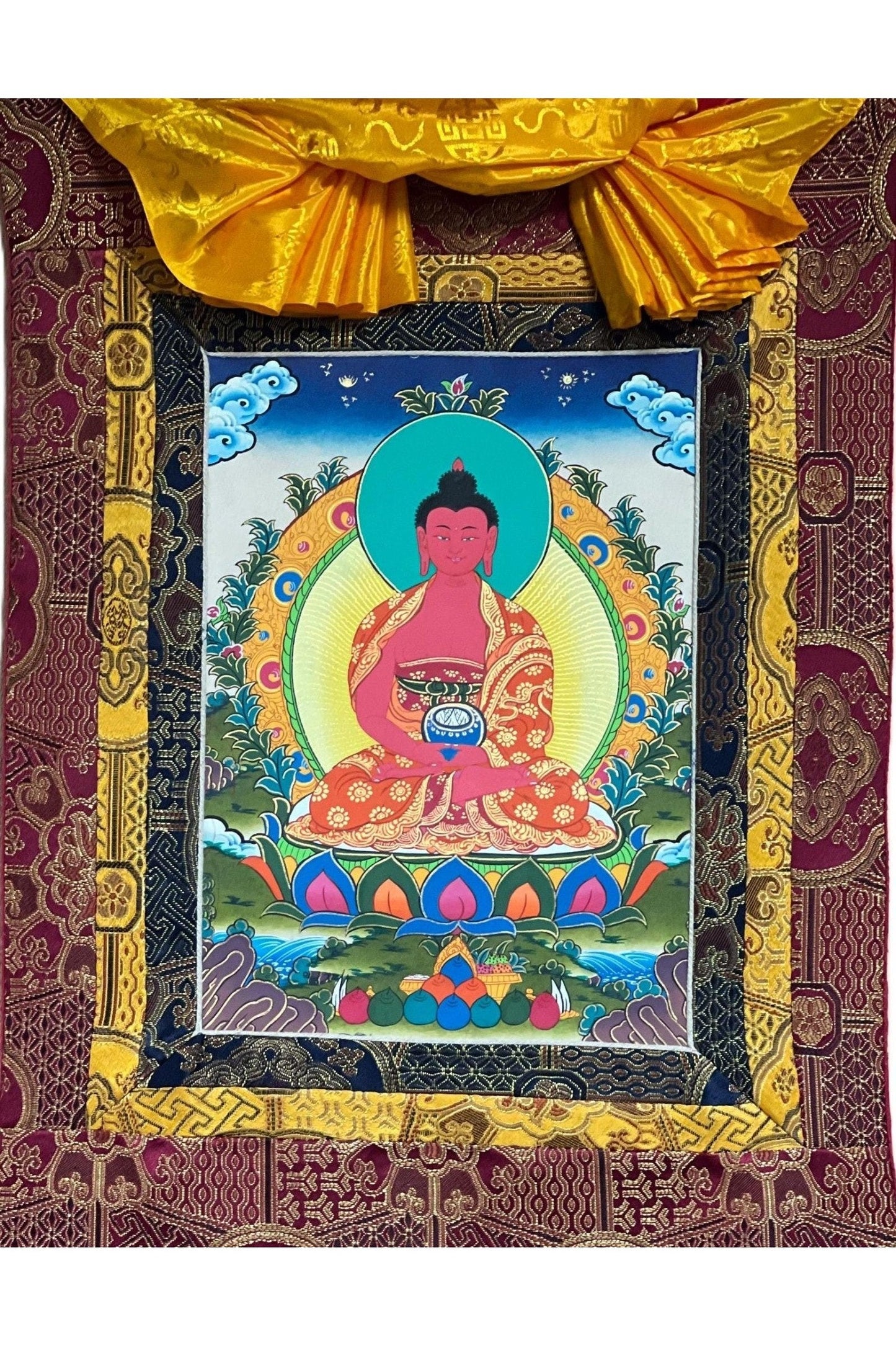 Amitabha Buddha/ Pure Land (Sukhavati) Original Masterpiece Thanka / Tibetan Thangka Painting / Hand Painting / Buddhist Art from Nepal - Tibetan Thangka Art