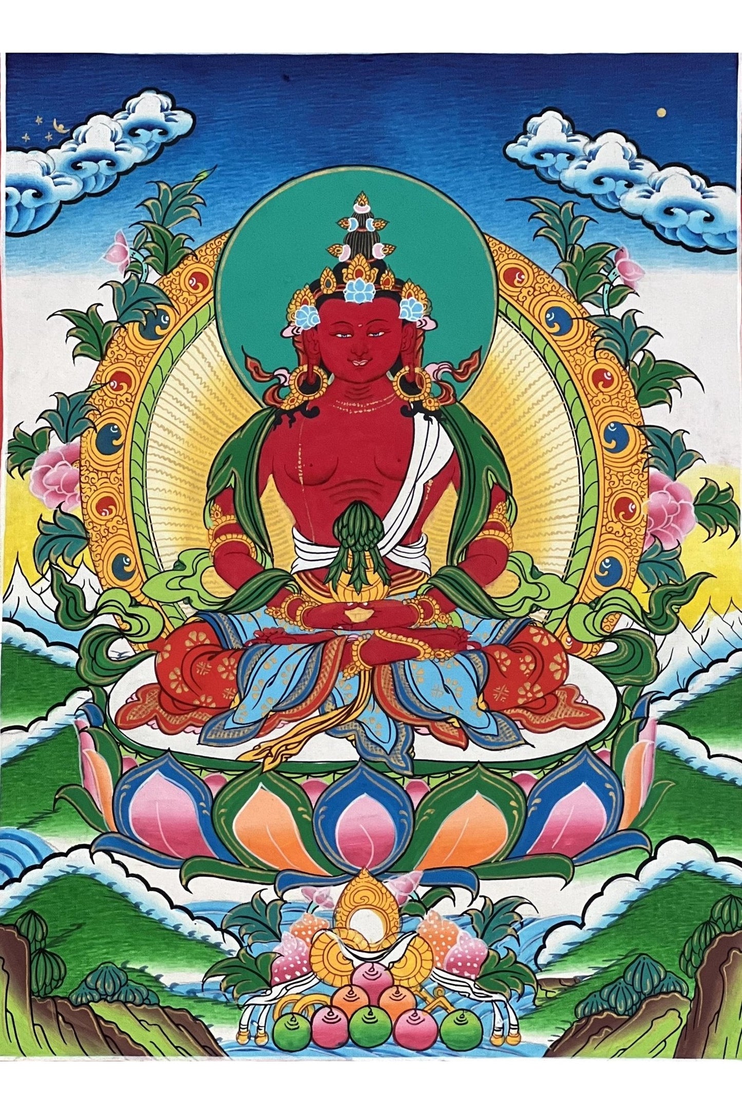 Amitayus/Aparamita/ Buddha of Eternal Life/Pure Land Sukhavati Original Masterpiece Tibetan Thangka Painting with High - Quality Silk Brocade - Tibetan Thangka Art