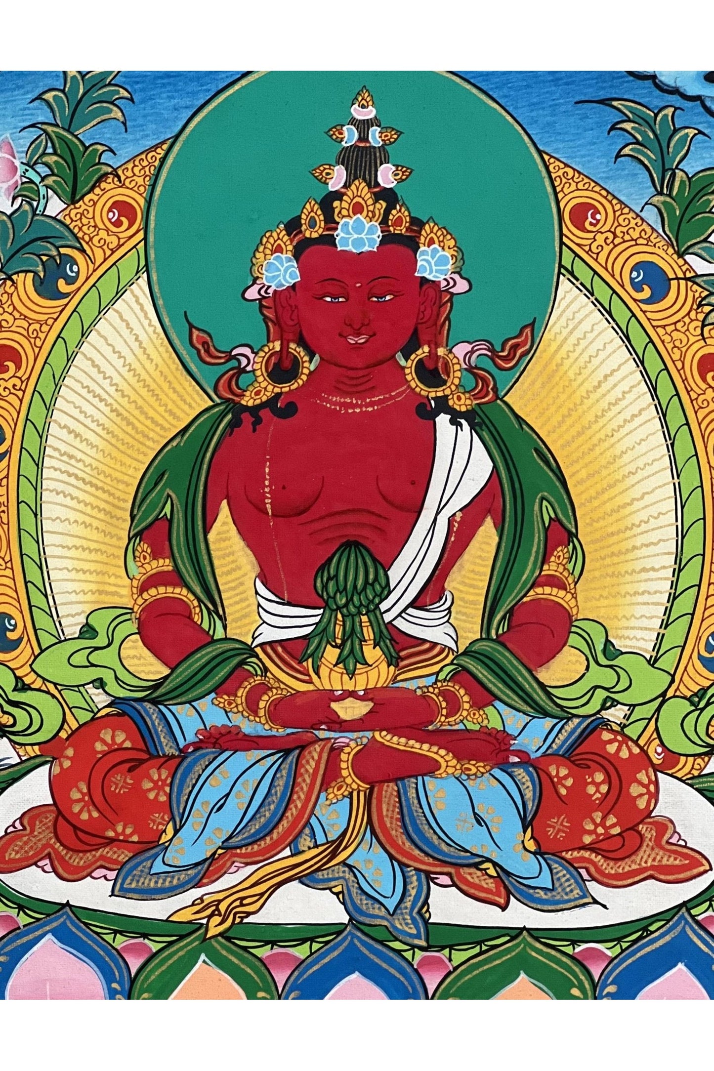 Amitayus/Aparamita/ Buddha of Eternal Life/Pure Land Sukhavati Original Masterpiece Tibetan Thangka Painting with High - Quality Silk Brocade - Tibetan Thangka Art