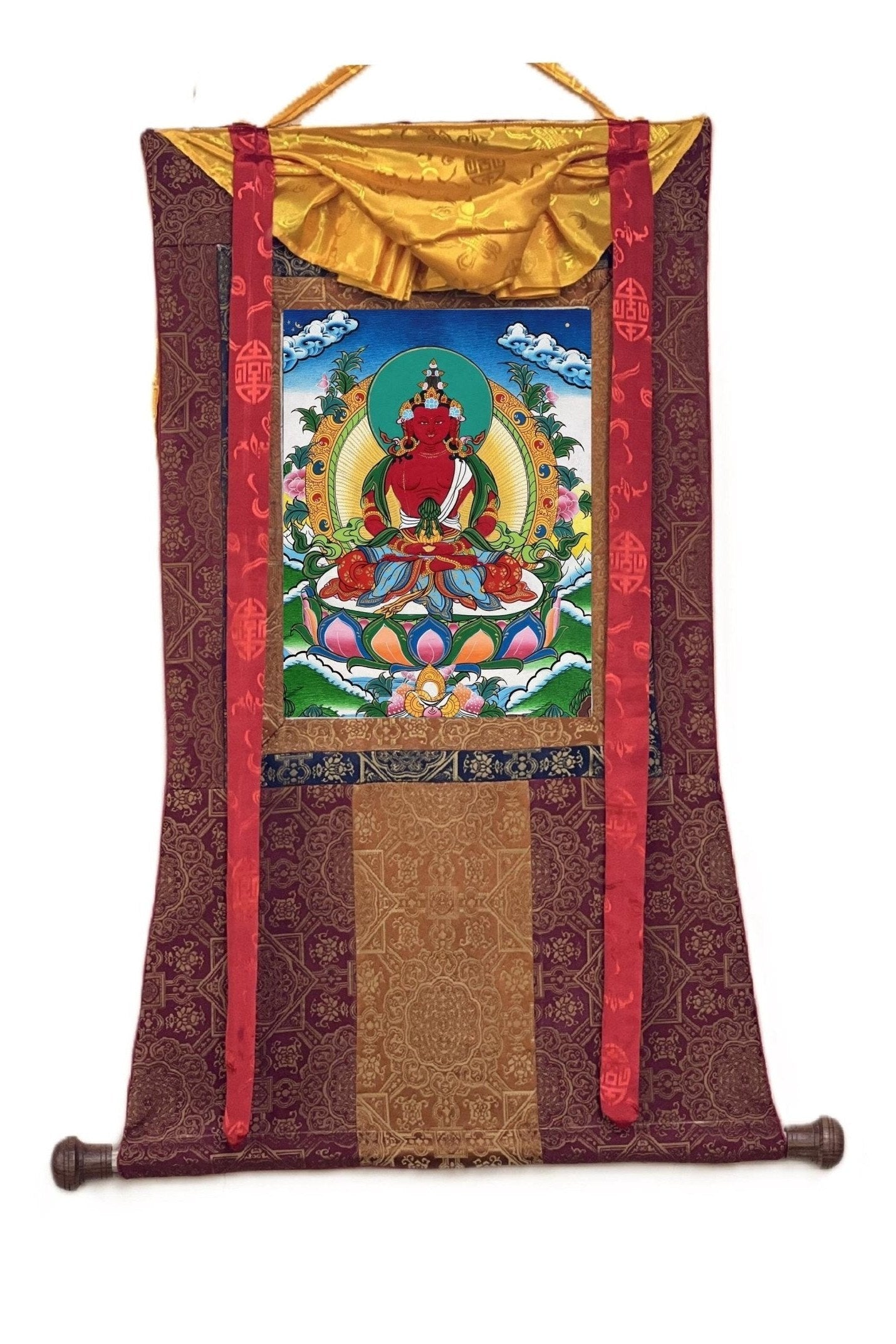 Amitayus/Aparamita/ Buddha of Eternal Life/Pure Land Sukhavati Original Masterpiece Tibetan Thangka Painting with High - Quality Silk Brocade - Tibetan Thangka Art