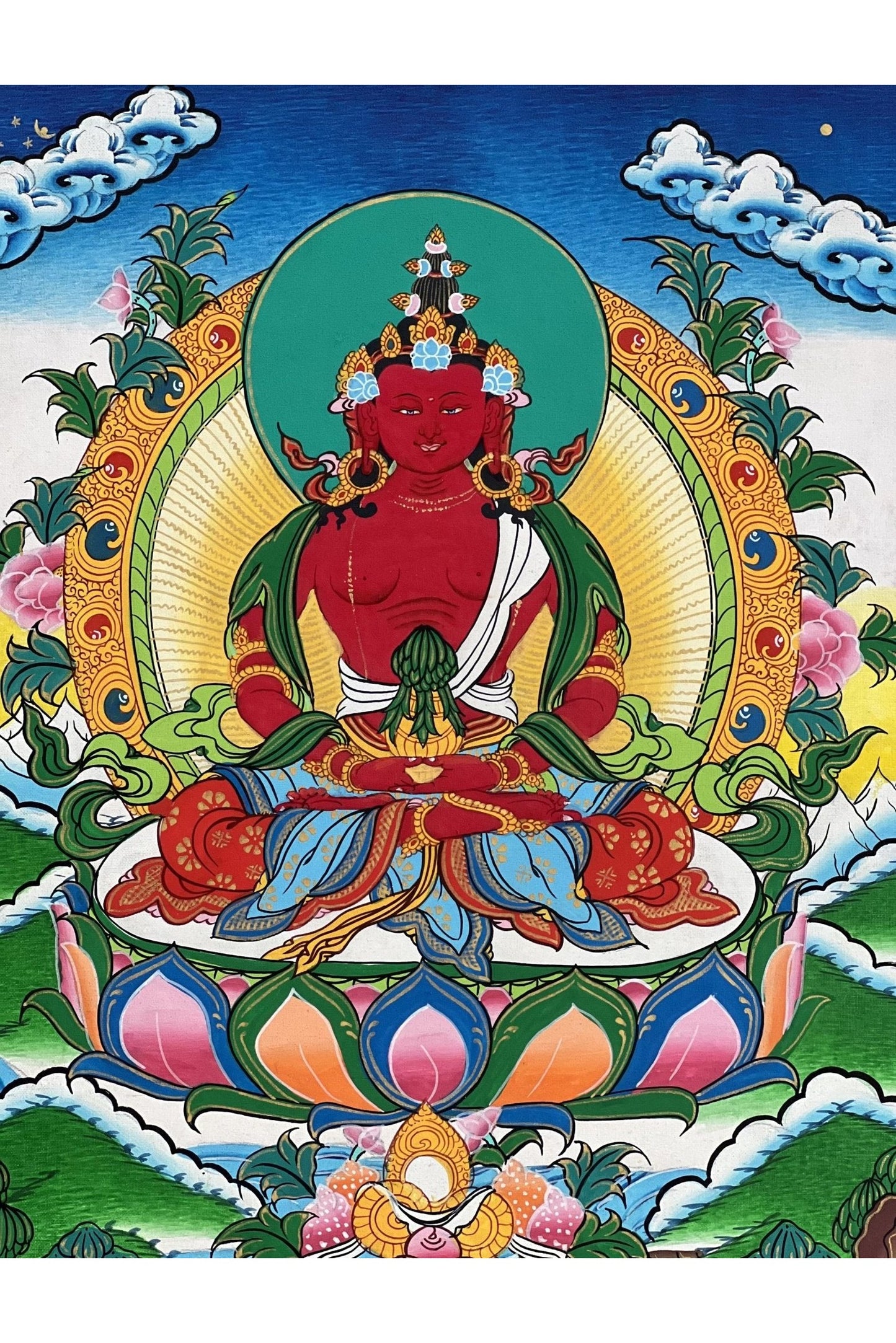 Amitayus/Aparamita/ Buddha of Eternal Life/Pure Land Sukhavati Original Masterpiece Tibetan Thangka Painting with High - Quality Silk Brocade - Tibetan Thangka Art