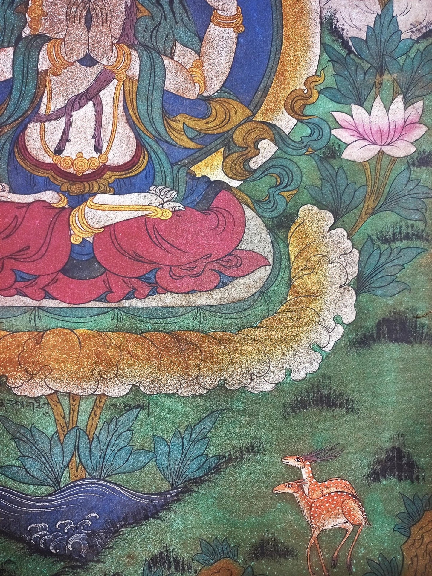 Avalokiteshvara / Chenrezig Original Acrylic Painting on Canvas - Masterpiece Vintage Thangka Painting from the Kathmandu Valley - Tibetan Thangka Art