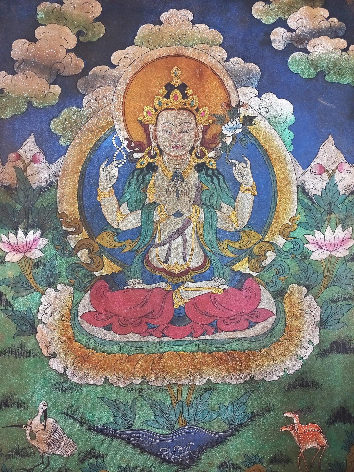 Avalokiteshvara / Chenrezig Original Acrylic Painting on Canvas - Masterpiece Vintage Thangka Painting from the Kathmandu Valley - Tibetan Thangka Art
