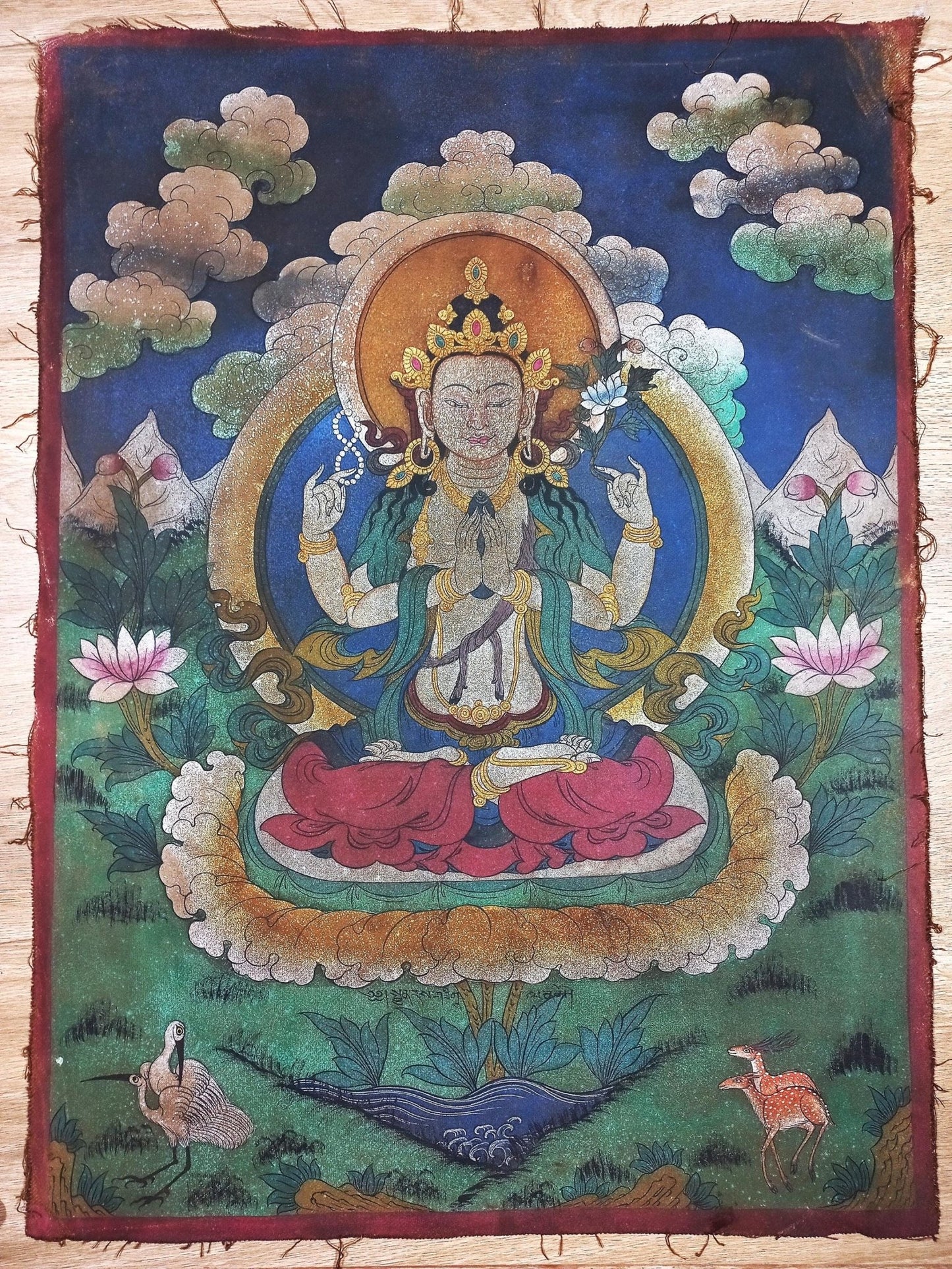Avalokiteshvara / Chenrezig Original Acrylic Painting on Canvas - Masterpiece Vintage Thangka Painting from the Kathmandu Valley - Tibetan Thangka Art