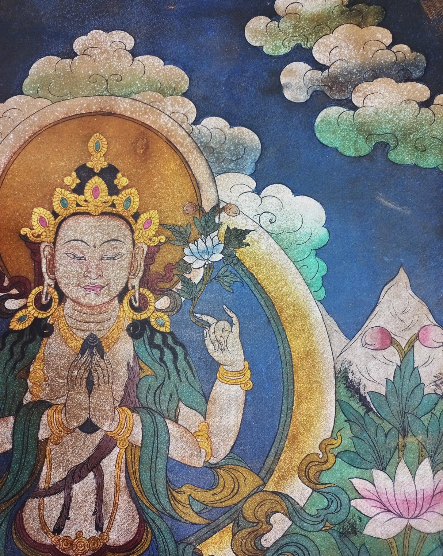 Avalokiteshvara / Chenrezig Original Acrylic Painting on Canvas - Masterpiece Vintage Thangka Painting from the Kathmandu Valley - Tibetan Thangka Art