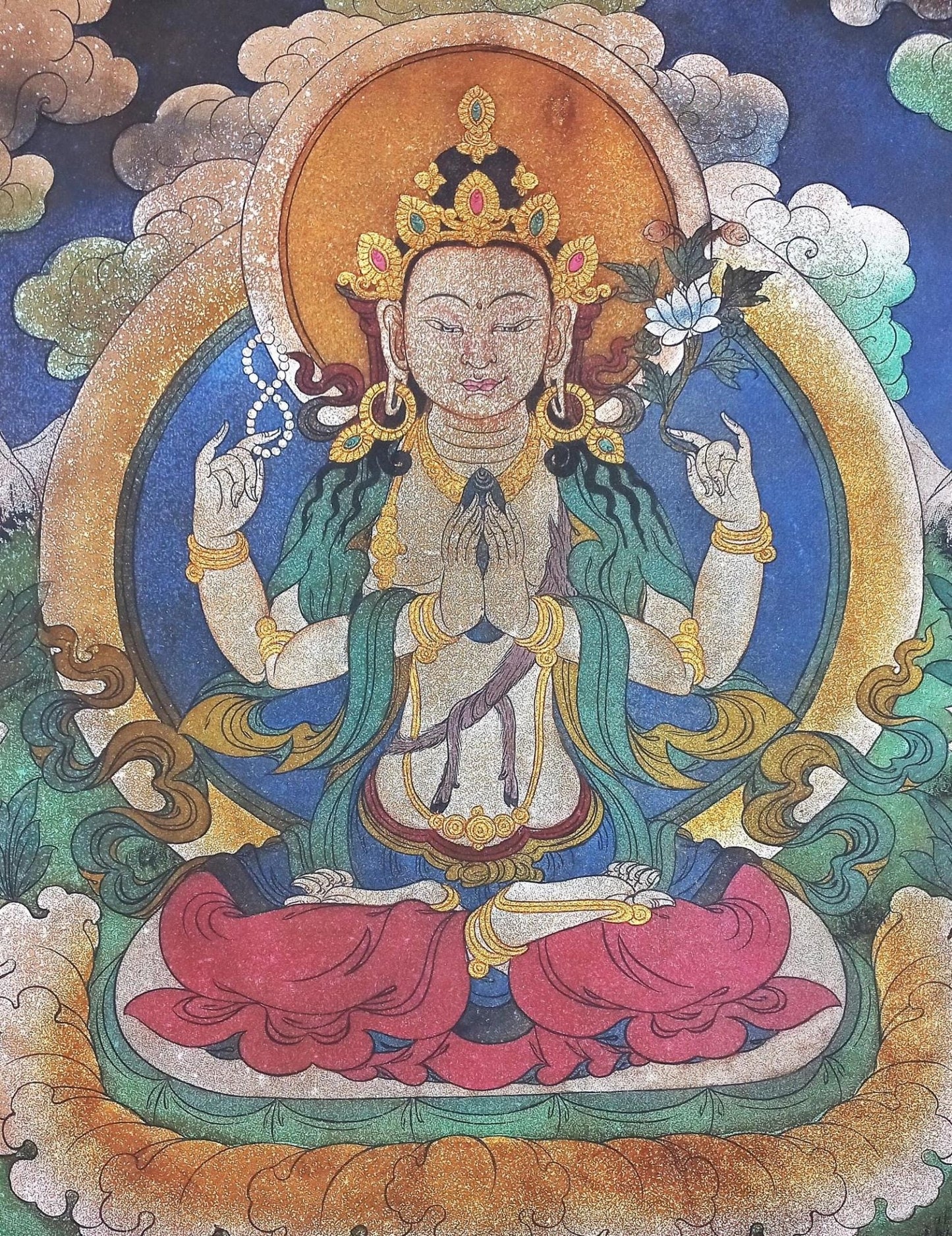 Avalokiteshvara / Chenrezig Original Acrylic Painting on Canvas - Masterpiece Vintage Thangka Painting from the Kathmandu Valley - Tibetan Thangka Art
