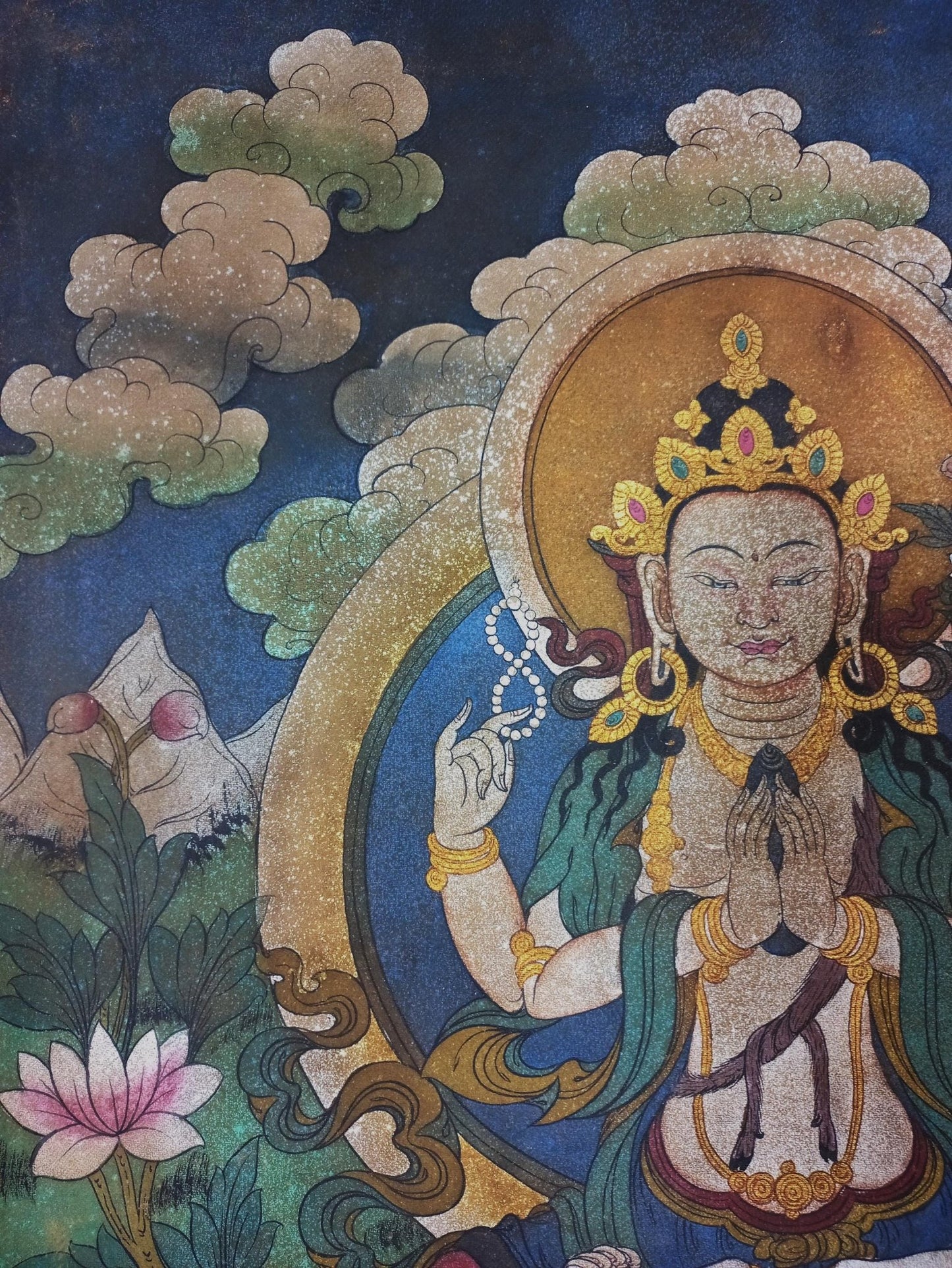 Avalokiteshvara / Chenrezig Original Acrylic Painting on Canvas - Masterpiece Vintage Thangka Painting from the Kathmandu Valley - Tibetan Thangka Art