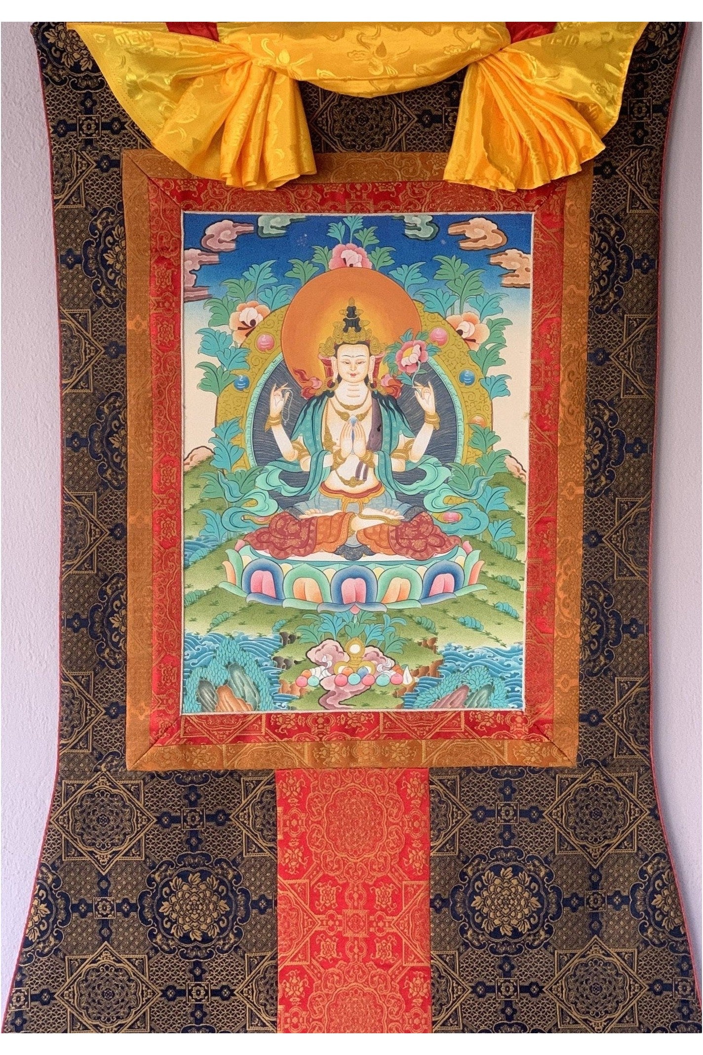 Avalokiteshvara/ Chyangresi/ Chenrezig Bodhisattva of Compassion Master Quality Original Tibetan Thangka Painting with Premium Silk Brocade - Tibetan Thangka Art
