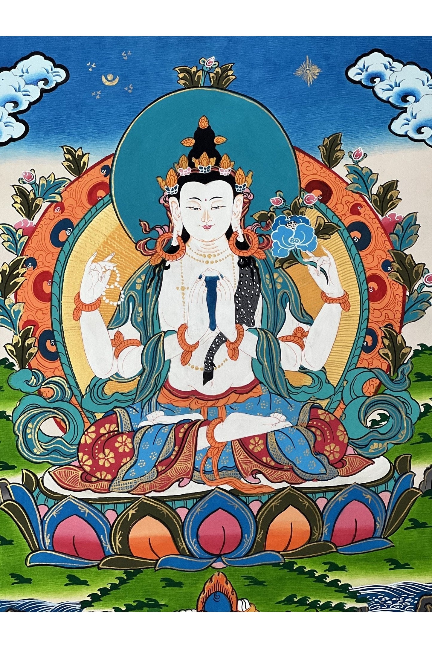 Avalokiteshvara/Chenrezig Master Quality Tibetan Thangka Painting Original Buddhist Meditation Art - Tibetan Thangka Art