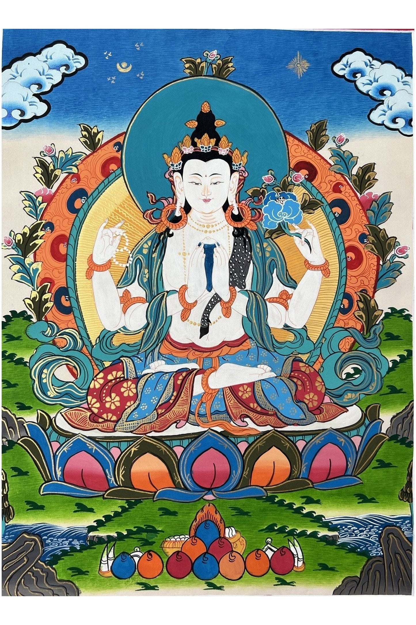 Avalokiteshvara/Chenrezig Master Quality Tibetan Thangka Painting Original Buddhist Meditation Art - Tibetan Thangka Art