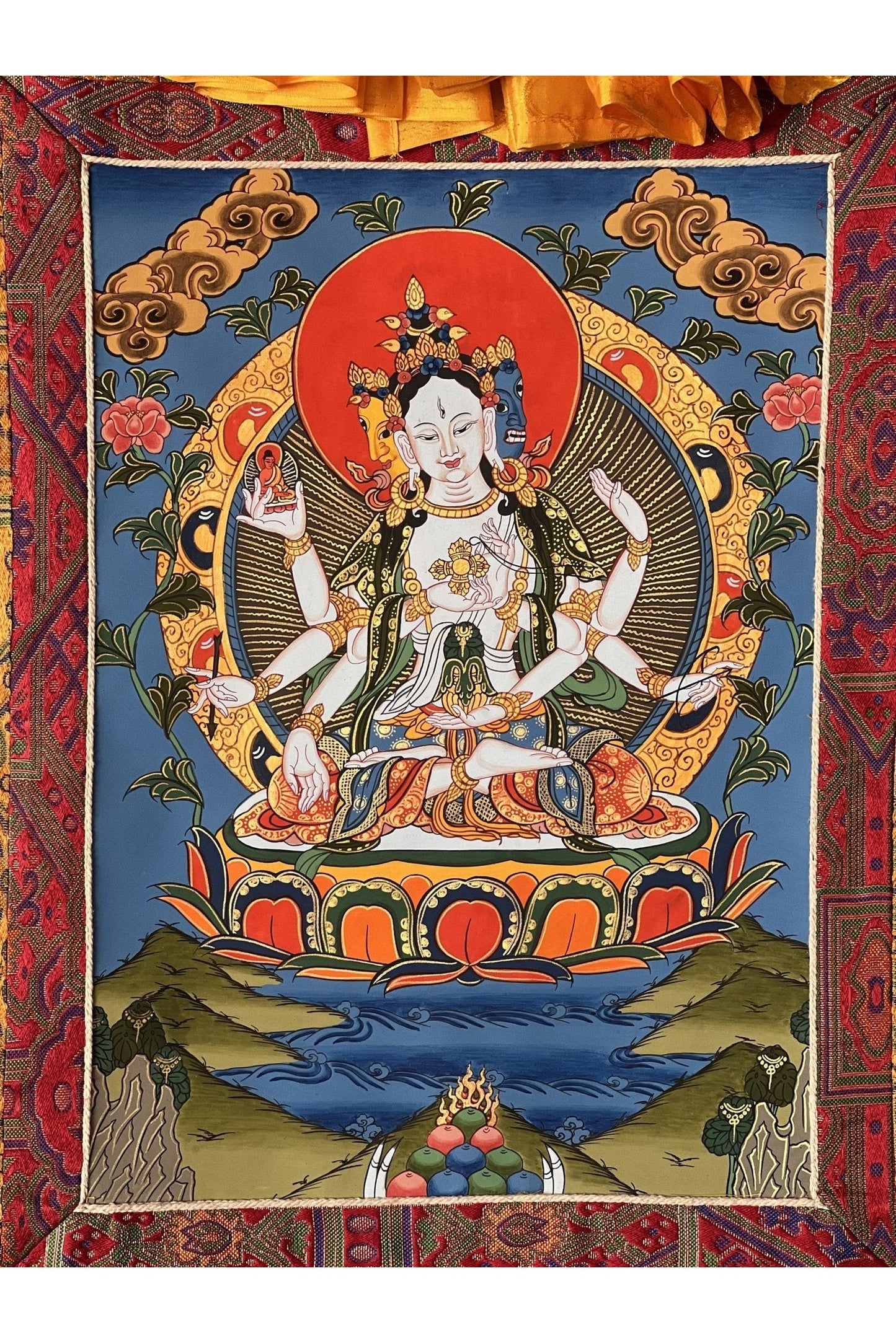 Basundhara/Namgyalma/ Dakini of Longevity Tibetan Thangka Painting, Original Art, Bordered with High Quality Silk - Tibetan Thangka Art