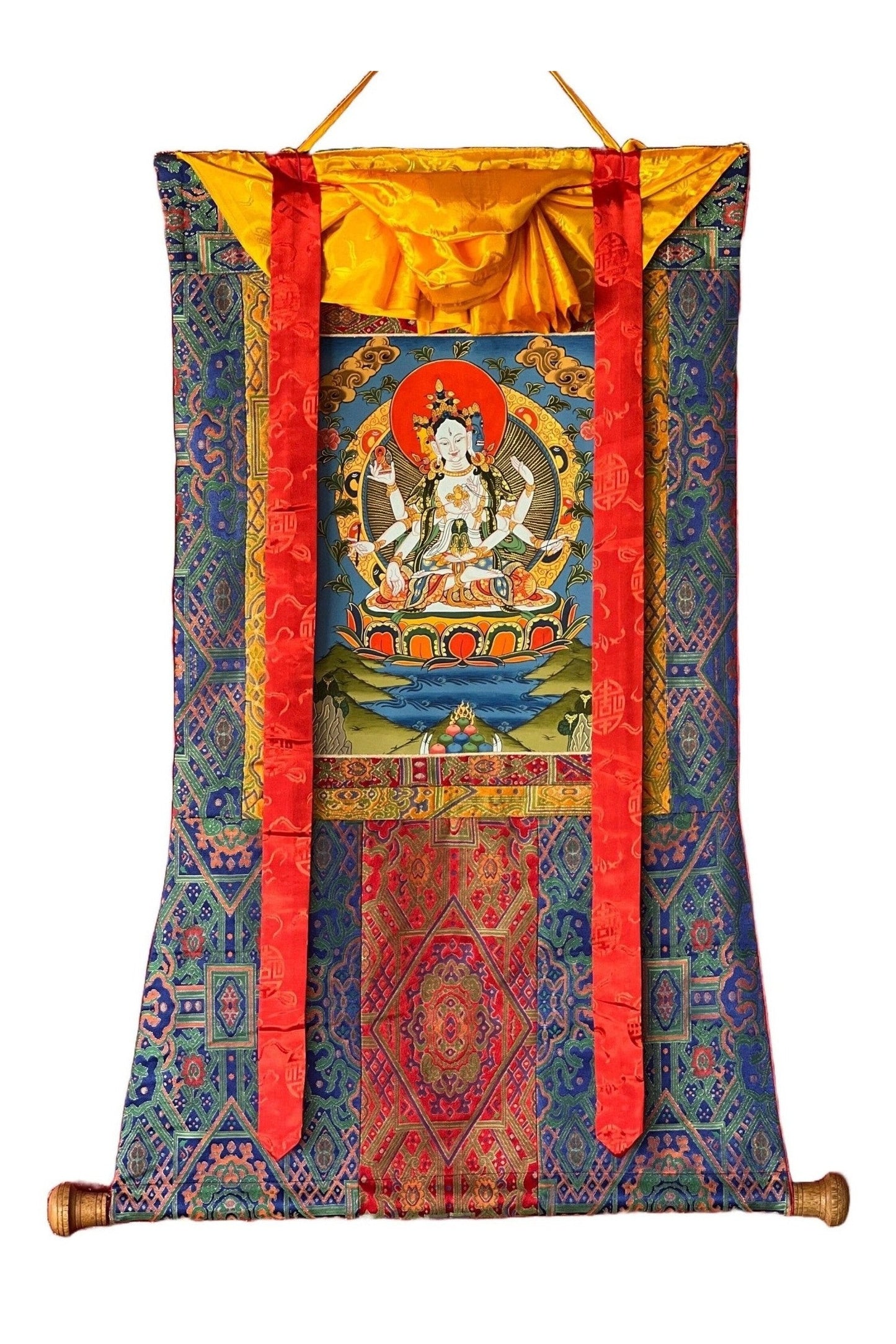 Basundhara/Namgyalma/ Dakini of Longevity Tibetan Thangka Painting, Original Art, Bordered with High Quality Silk - Tibetan Thangka Art